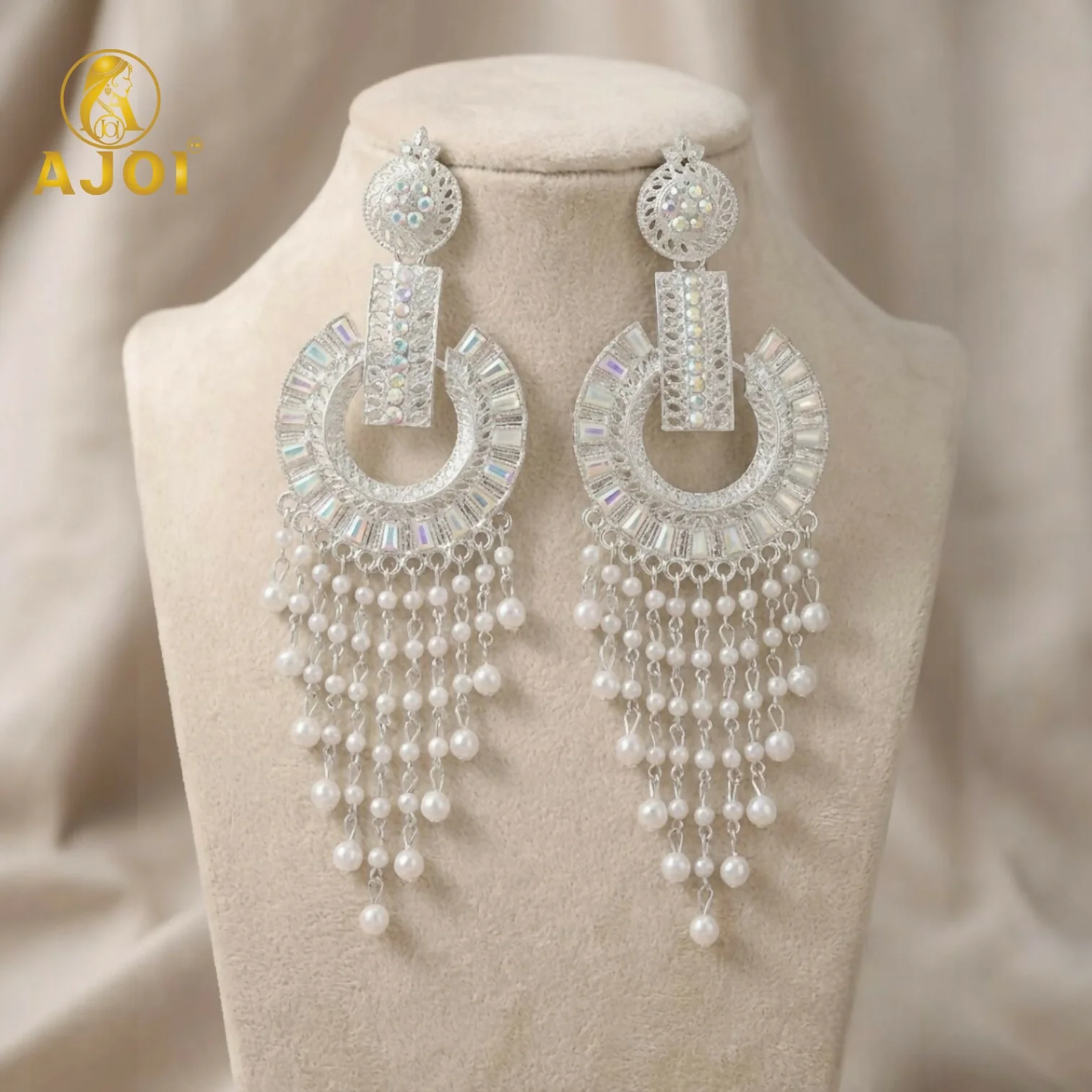 Silver-Tone Pearl Tassel Statement Earrings - Image 3