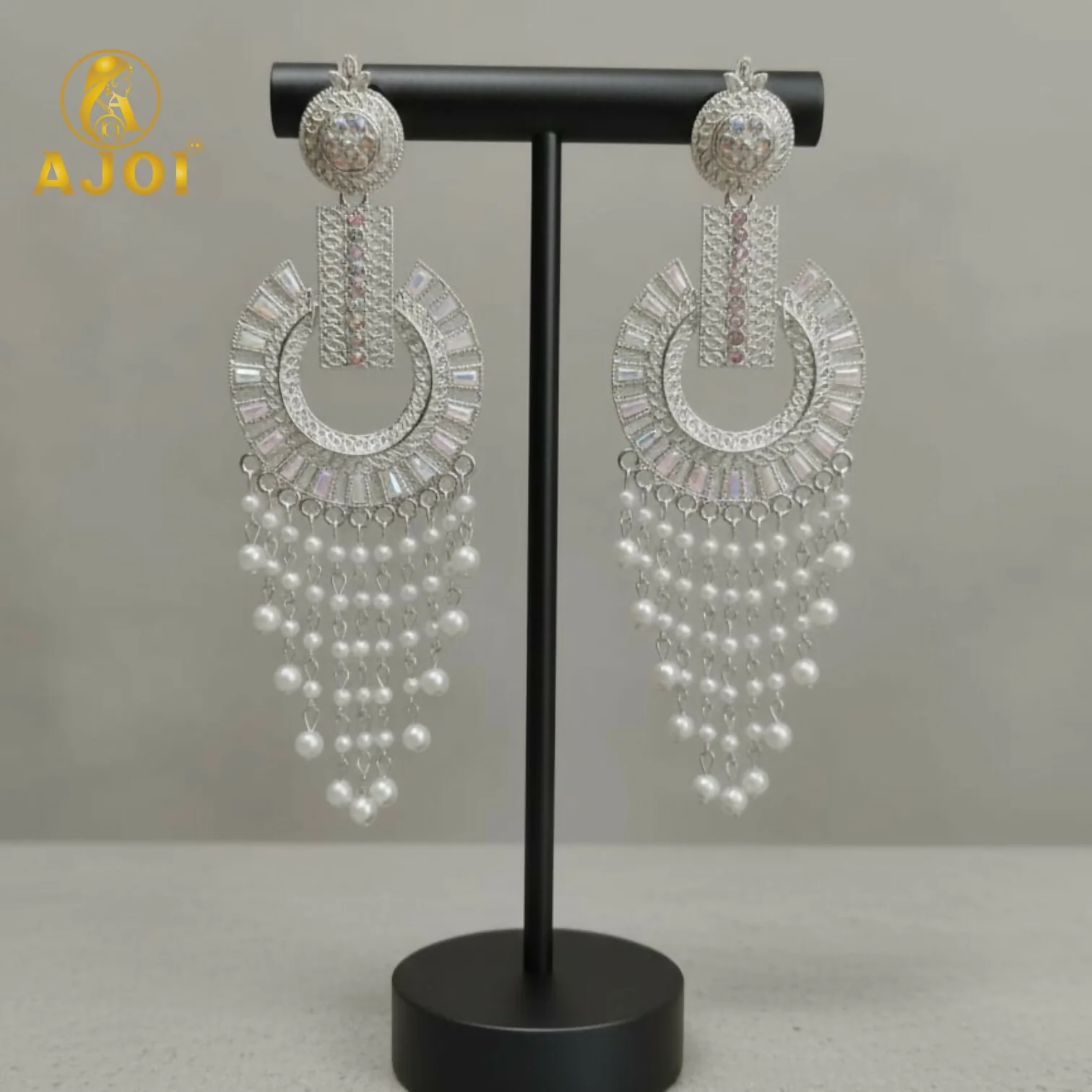 Silver-Tone Pearl Tassel Statement Earrings - Image 5