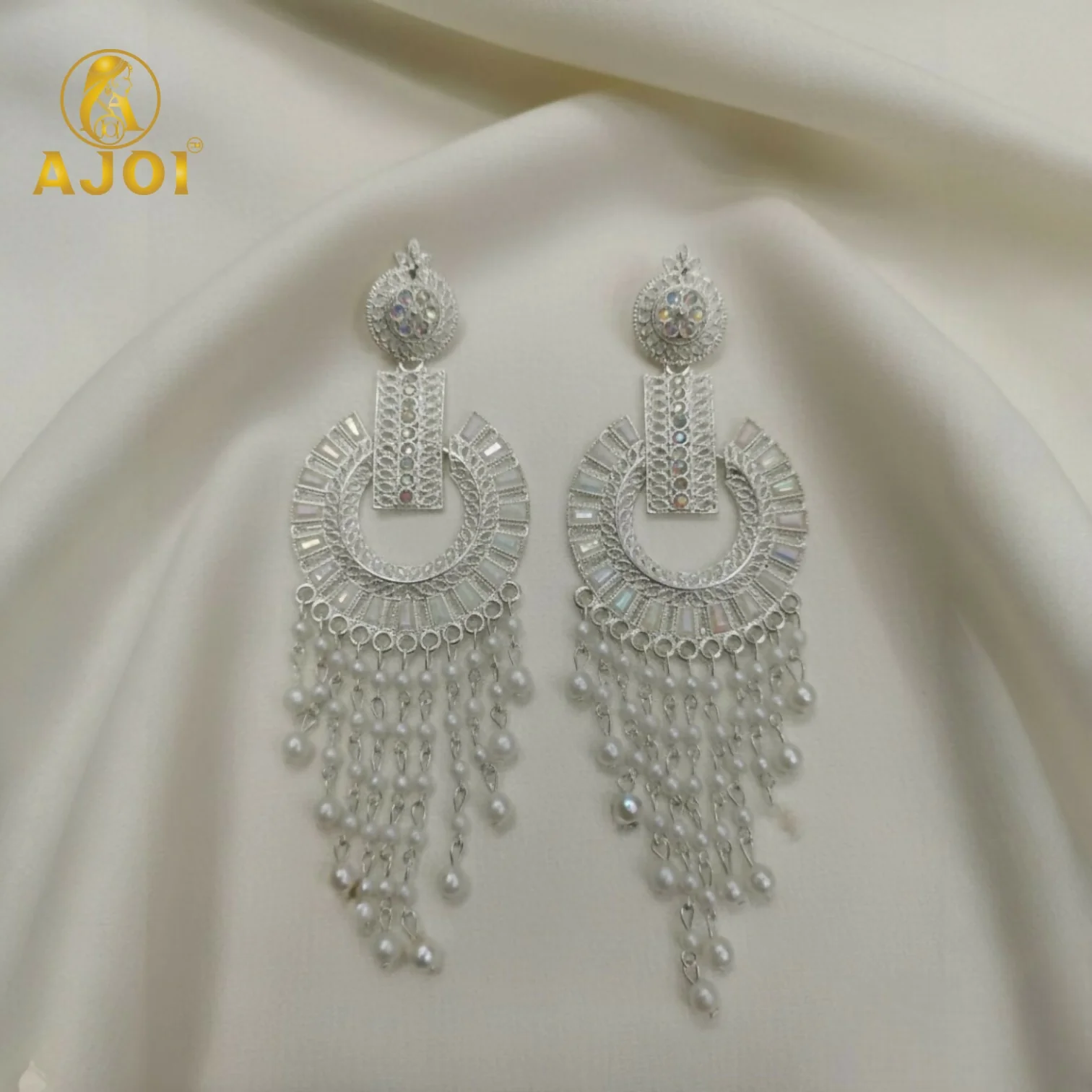 Silver-Tone Pearl Tassel Statement Earrings - Image 6