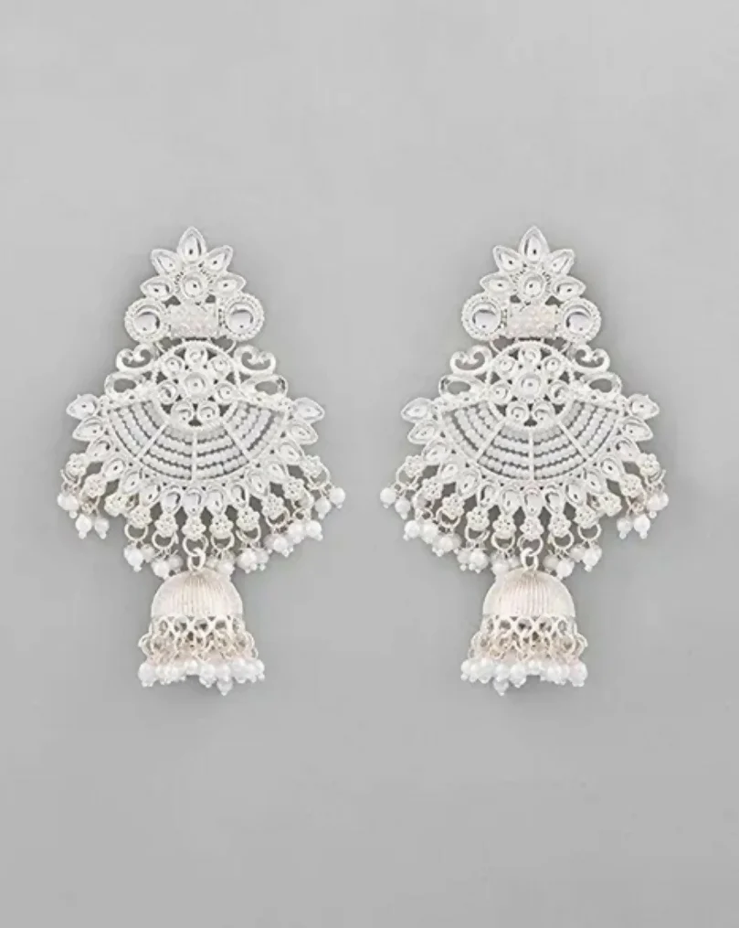 Silver-Toned Kundan & Pearl Traditional Chandbali Jhumka Earrings - Image 3