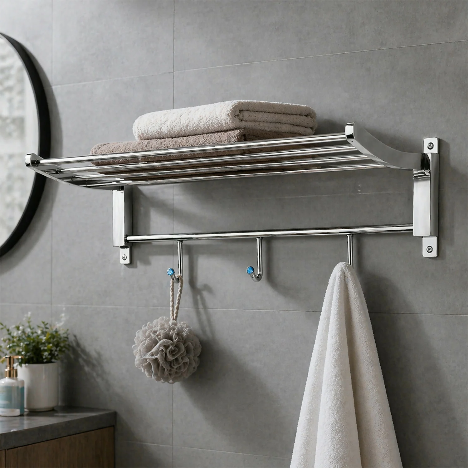 Single Decor Wall Mounted Bathroom Towel Rack with Storage Shelf and Hanging Hooks - Image 2