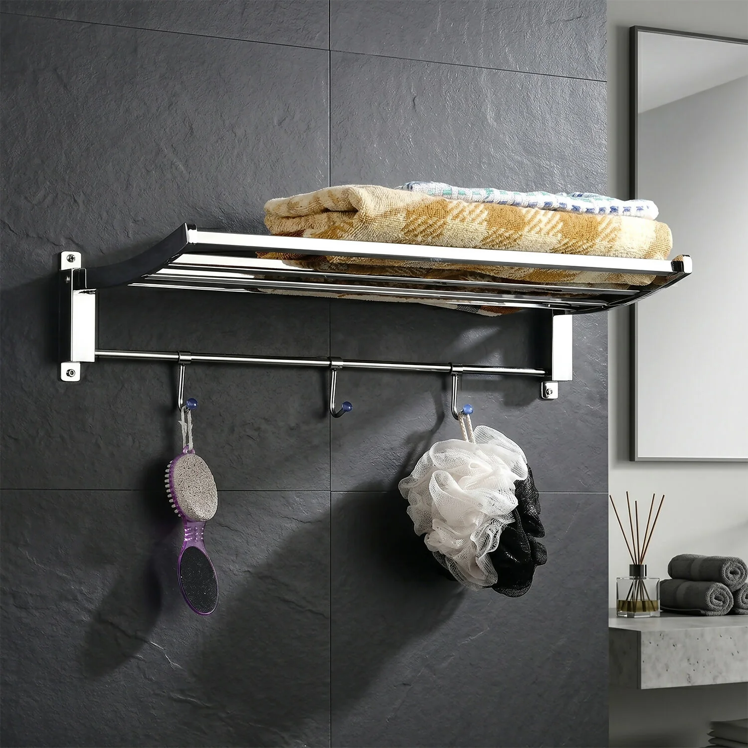 Single Decor Wall Mounted Bathroom Towel Rack with Storage Shelf and Hanging Hooks - Image 3