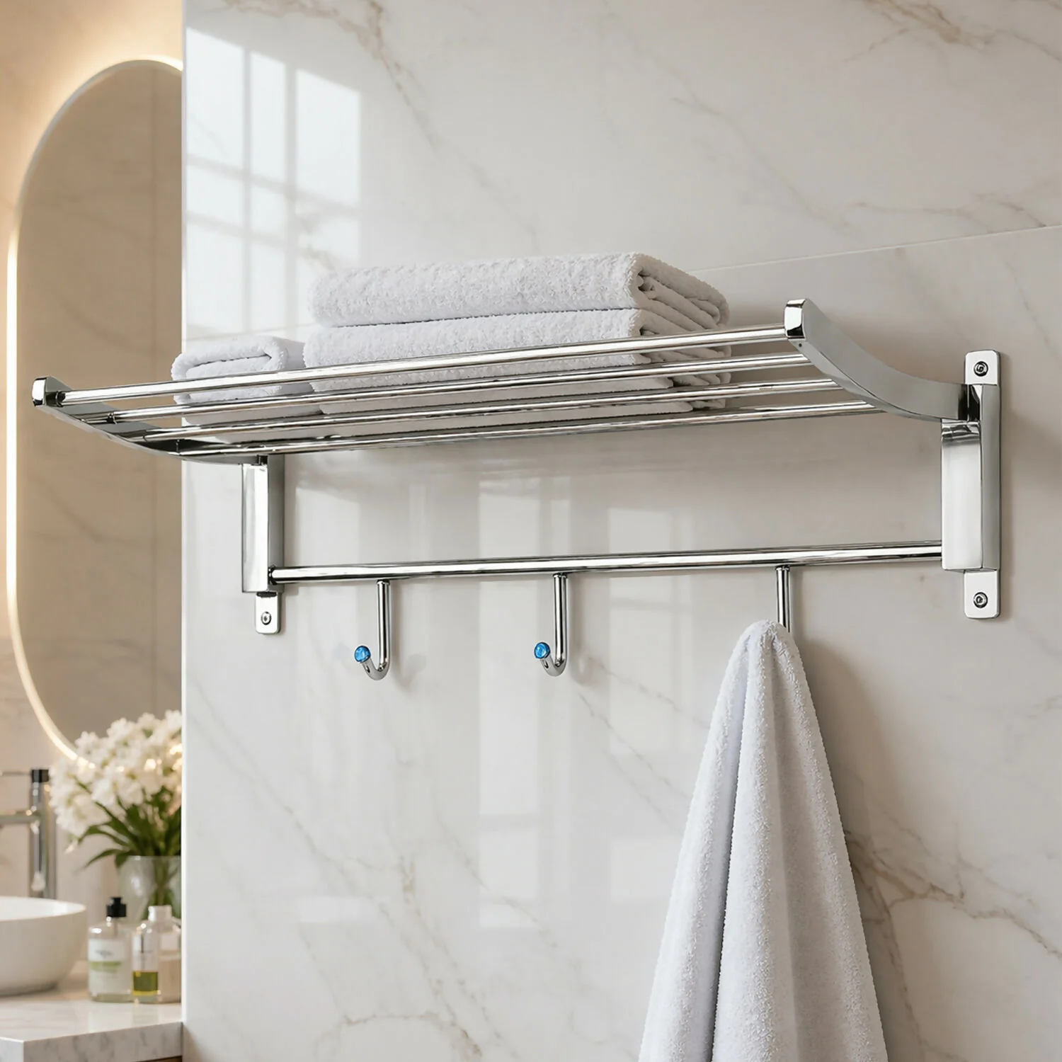 Single Decor Wall Mounted Bathroom Towel Rack with Storage Shelf and Hanging Hooks - Image 4