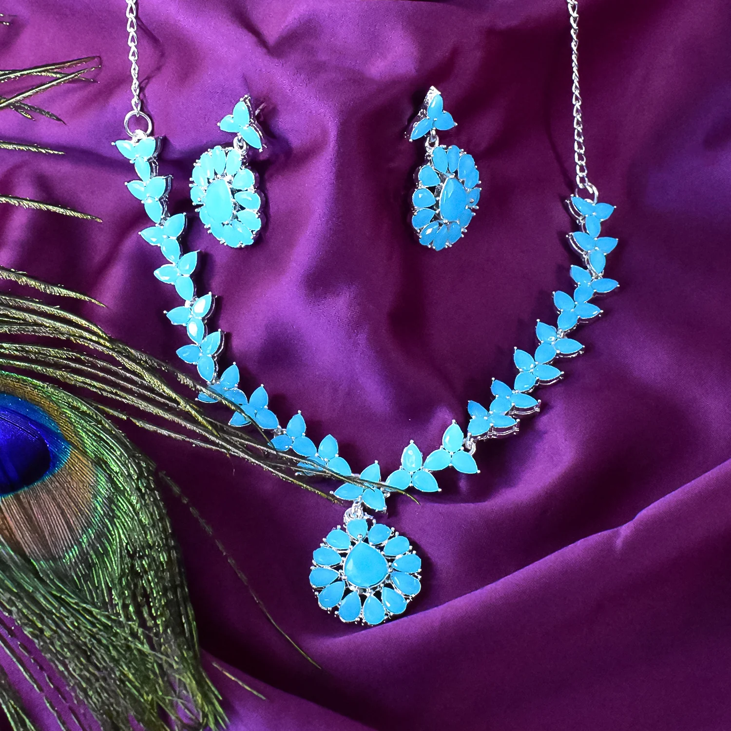 Sky Colour Diamond Necklace with Earring Set - Image 2
