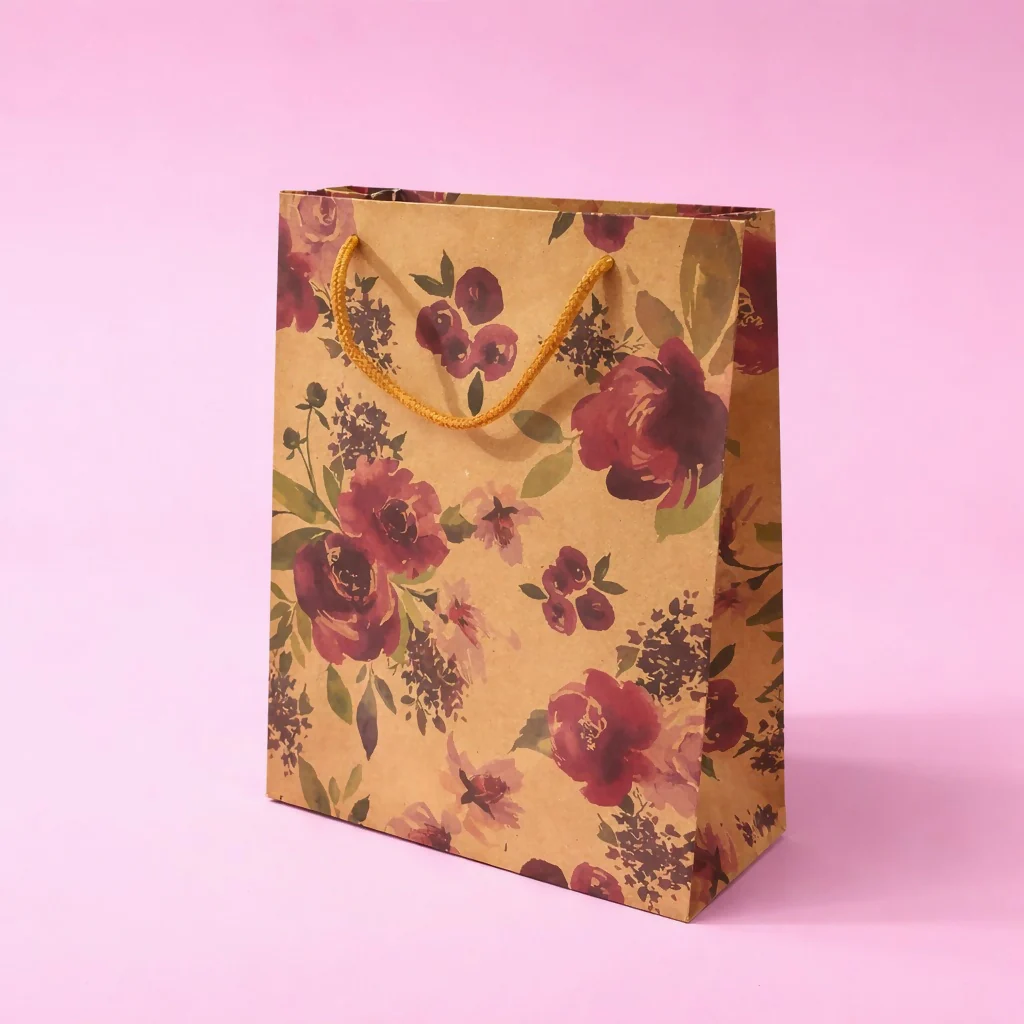 Small Floral Kraft Paper Gift Bags with Rope Handles Set of 4 - Image 2