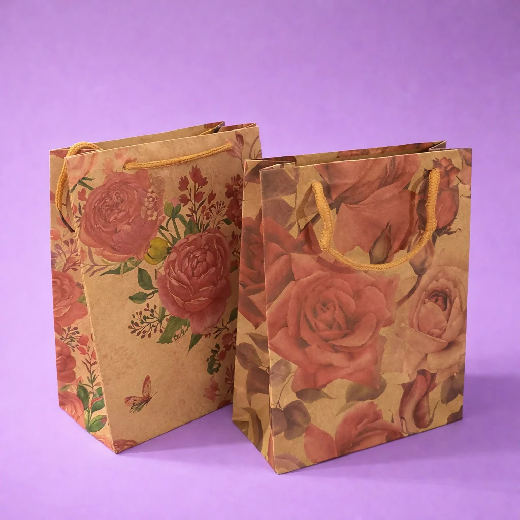 Small Floral Kraft Paper Gift Bags with Rope Handles Set of 4 - Image 3