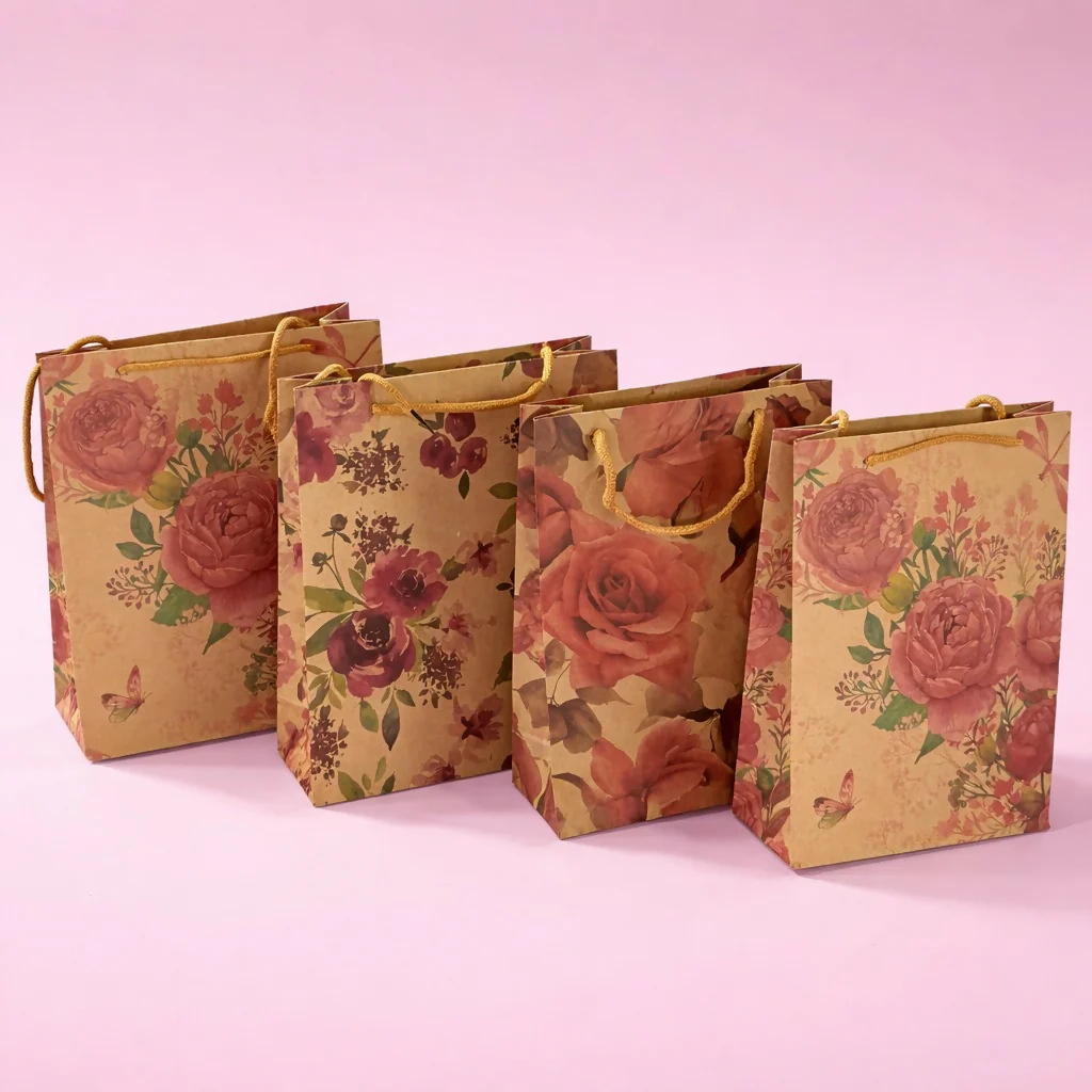 Small Floral Kraft Paper Gift Bags with Rope Handles Set of 4 - Image 4