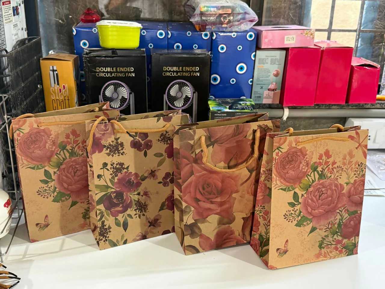 Small Floral Kraft Paper Gift Bags with Rope Handles Set of 4 - Image 5