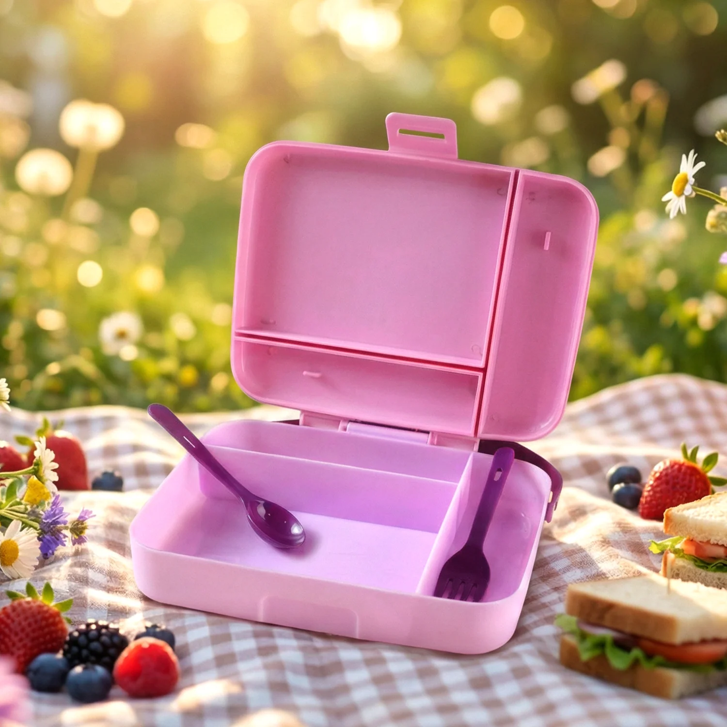 Smart Leak Proof Lunch Box with 3 Compartments and Spoon Set (1 Set) - Image 4