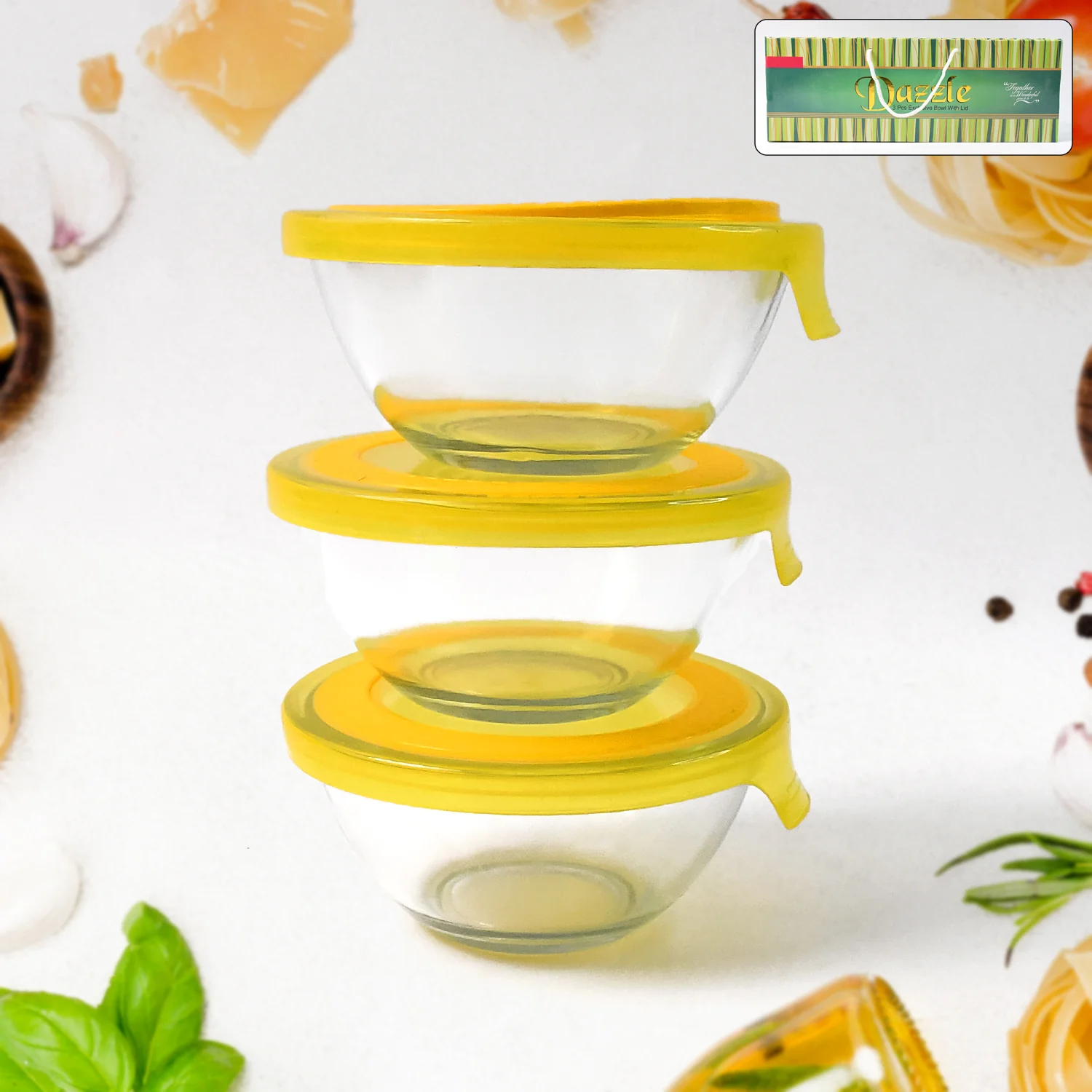 Dazzle Glass Bowl Set Mixing / Storage Bowls with Lids (3 pcs Set) - Image 3