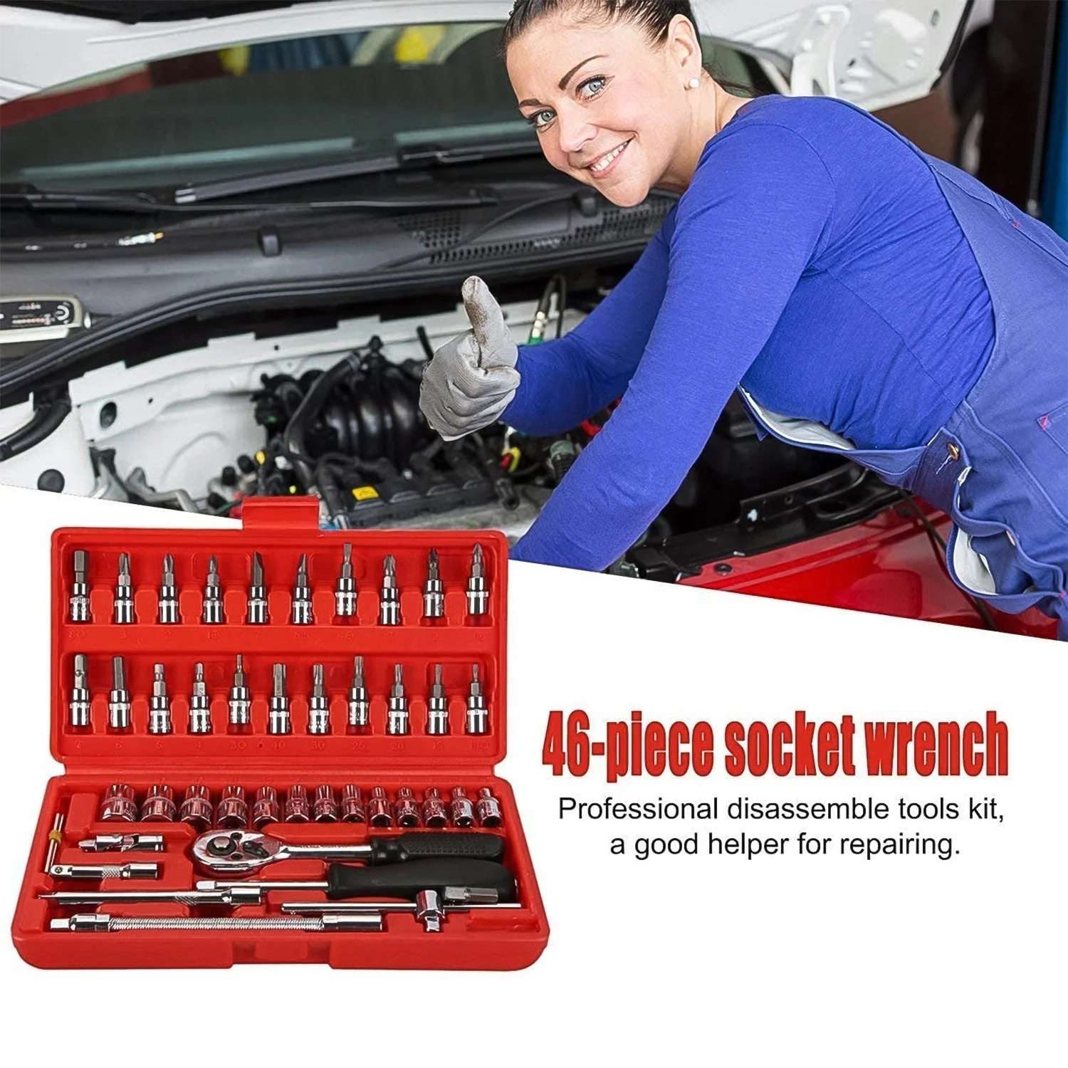 Socket 1 / 4 Inch Combination Repair Tool Kit (Red, 46 pcs) - Image 5