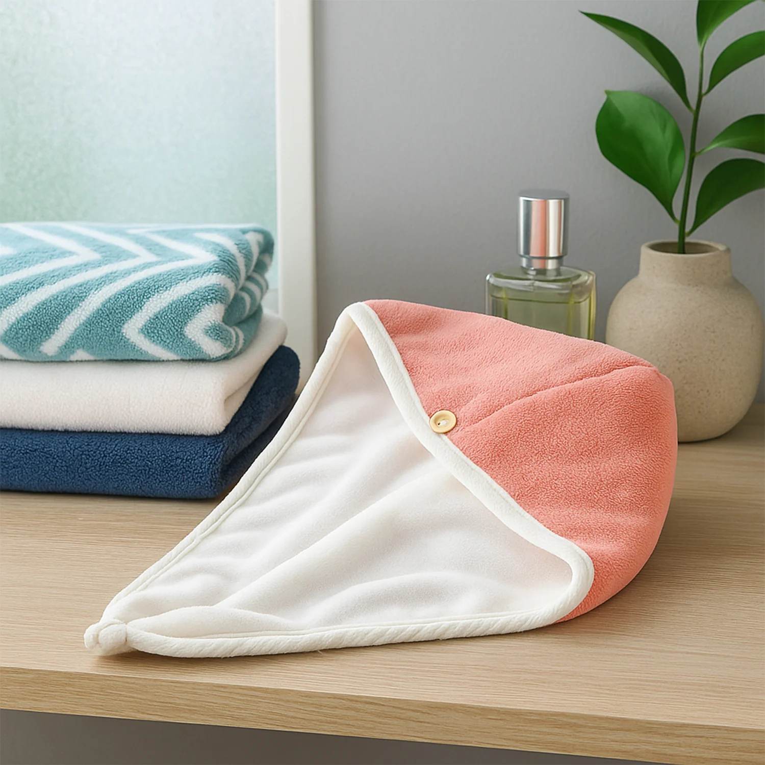 Soft Microfiber Hair Drying Towel Cap with Button Loop (1 Pc) - Image 3