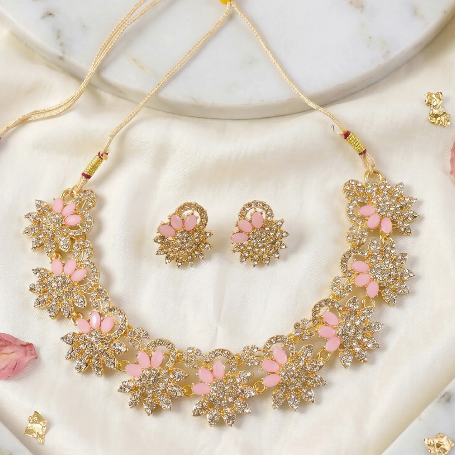 Soft Pink Plated Necklace & Earrings Set For Woman - Image 2