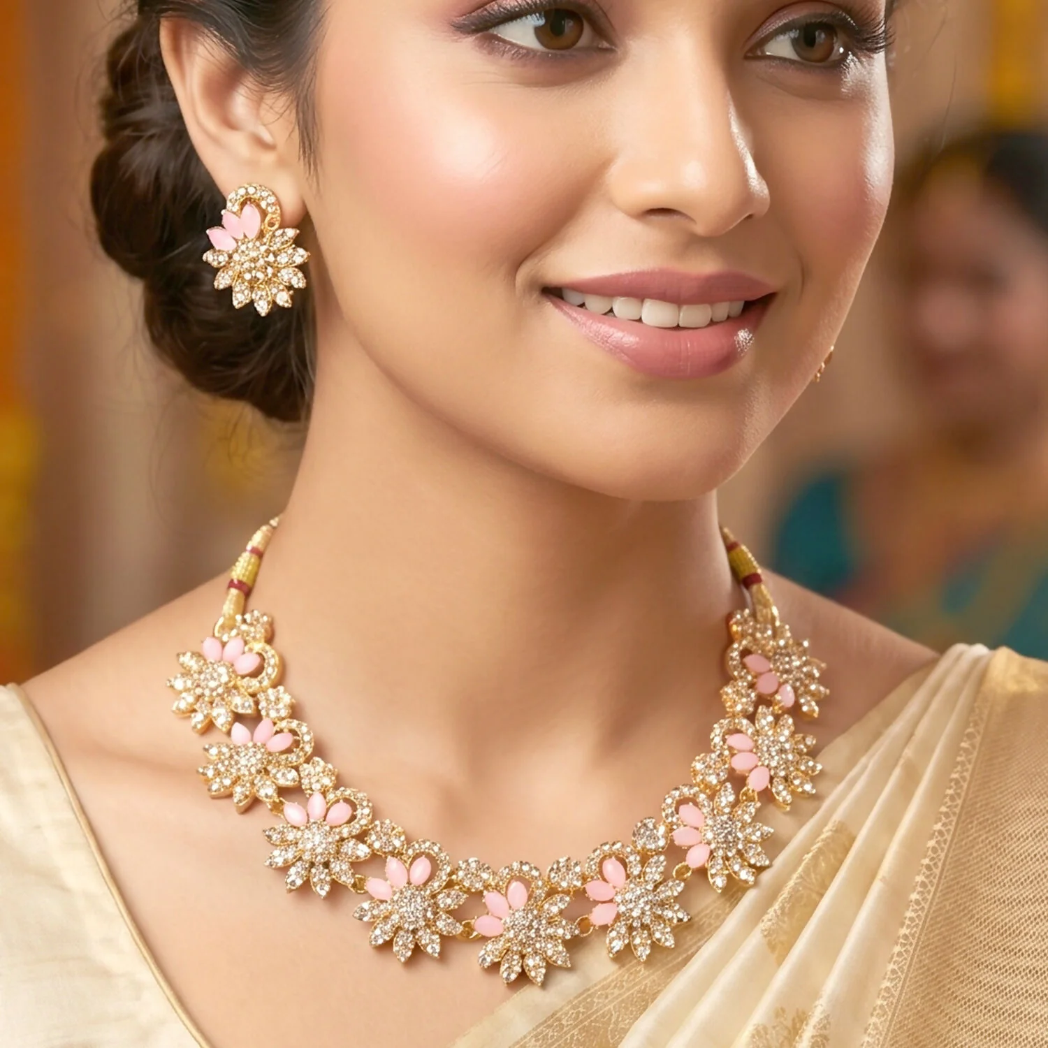 Soft Pink Plated Necklace & Earrings Set For Woman - Image 3