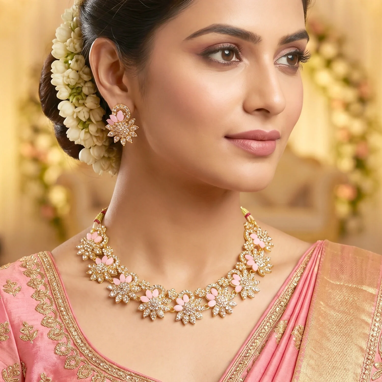Soft Pink Plated Necklace & Earrings Set For Woman - Image 5