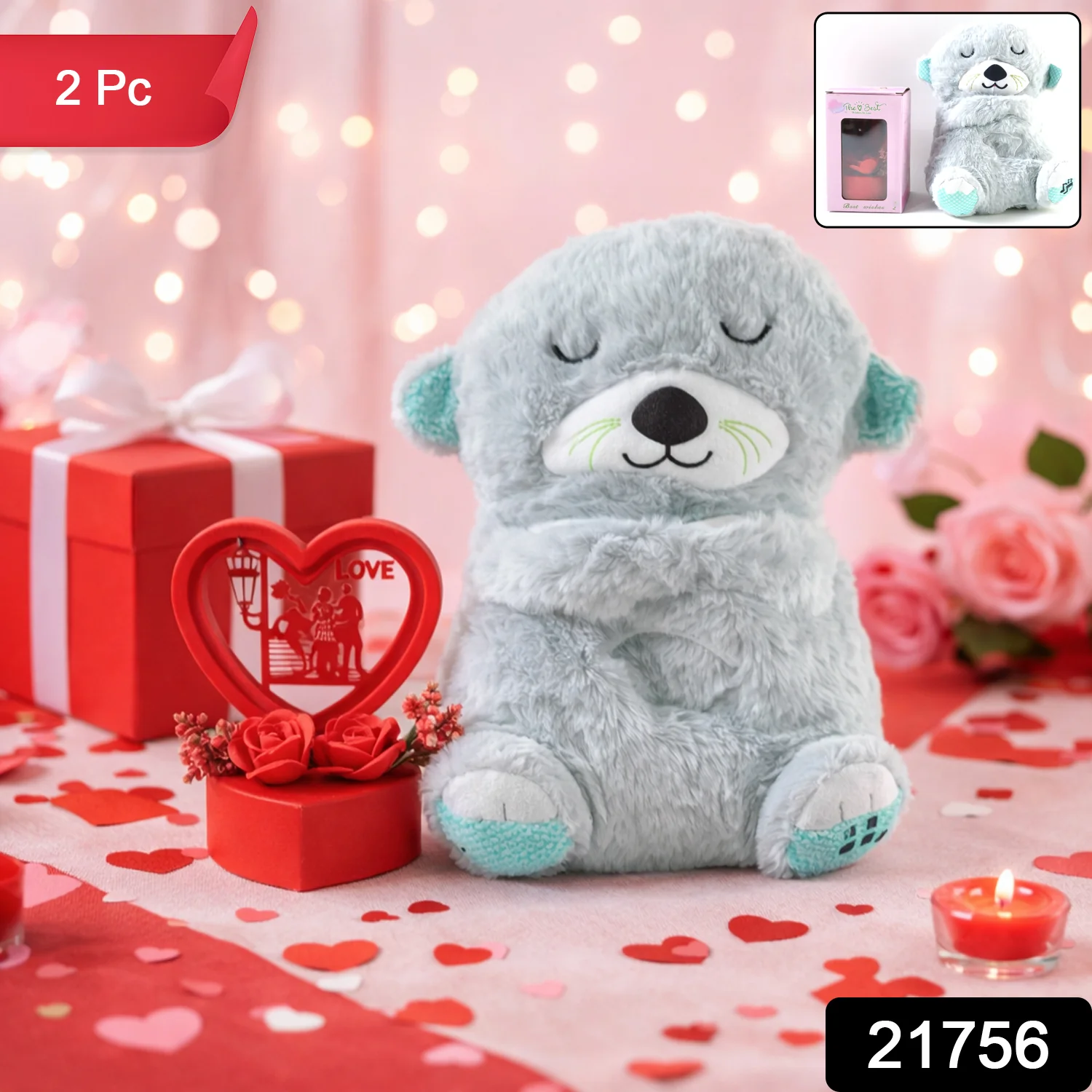 Soft Plush Teddy Bear with Heart-Shaped Love Showpiece Gift Set (2 Pc Set) - Image 2
