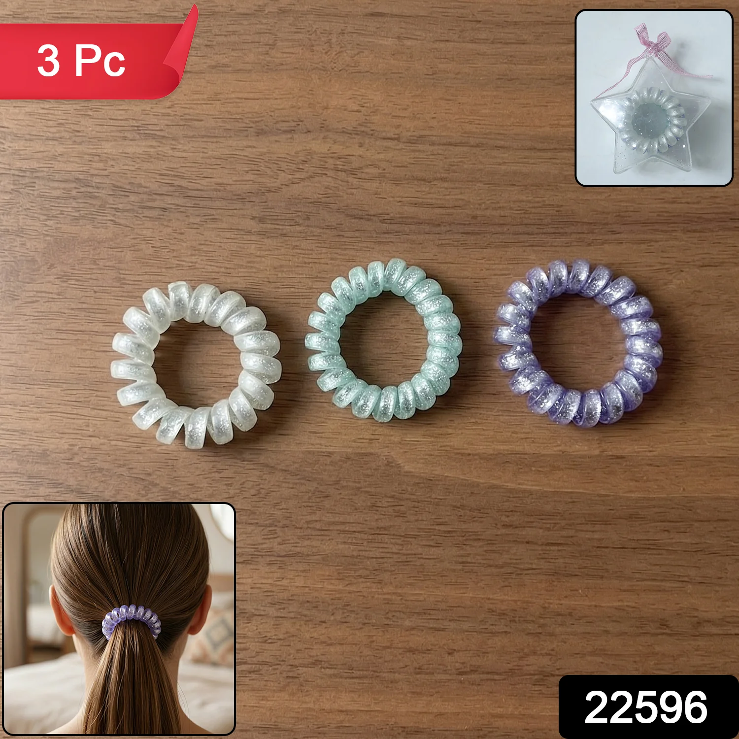 Soft Stretchable Glitter Spiral Coil Hair Bands Set 3 Pc - Image 2