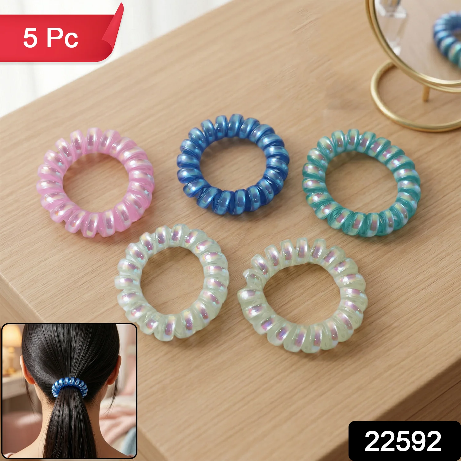 Soft Stretchable Telephone Wire Style Hair Bands Set (5 Pc, Mix Color) - Image 2