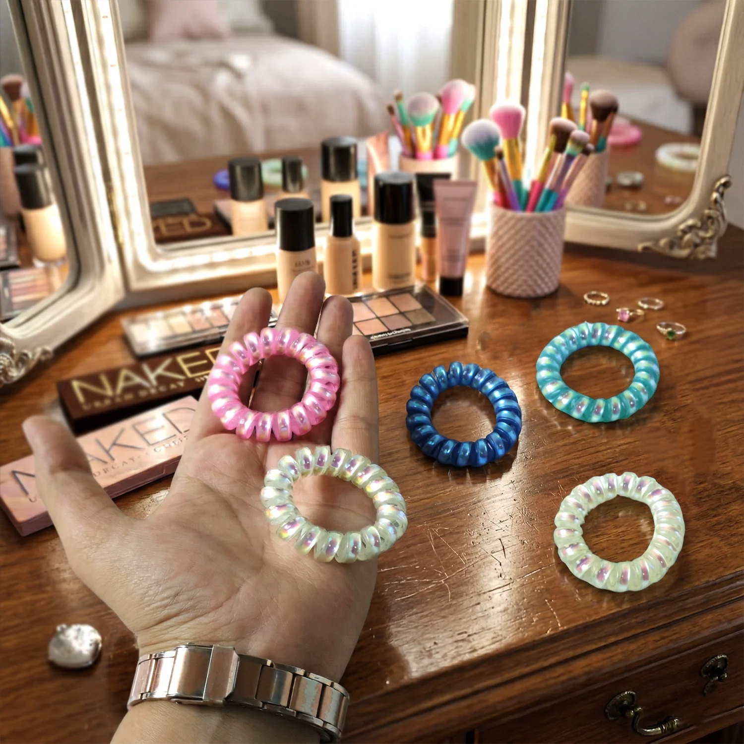Soft Stretchable Telephone Wire Style Hair Bands Set (5 Pc, Mix Color) - Image 4