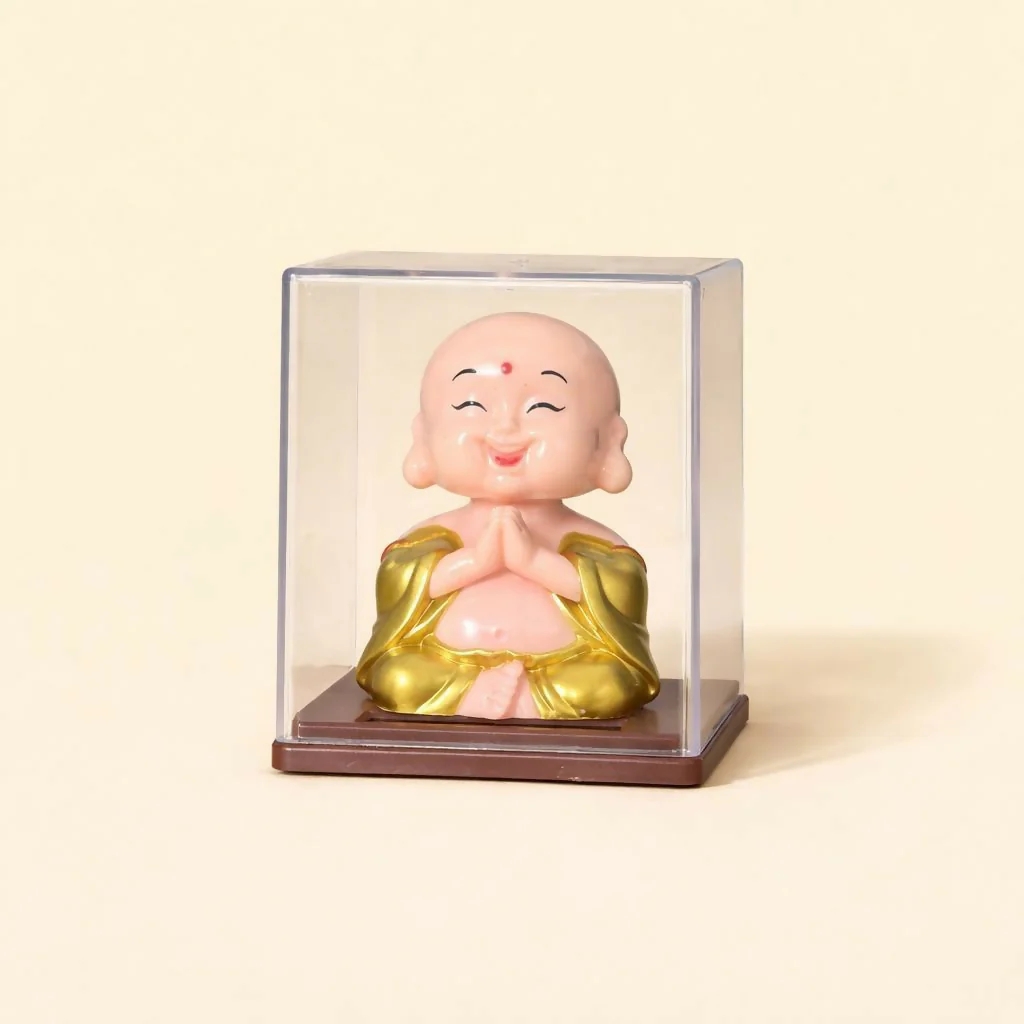 Solar Laughing Monk Bobble Head with Moving Head Display Case (Color may vary) - Image 2