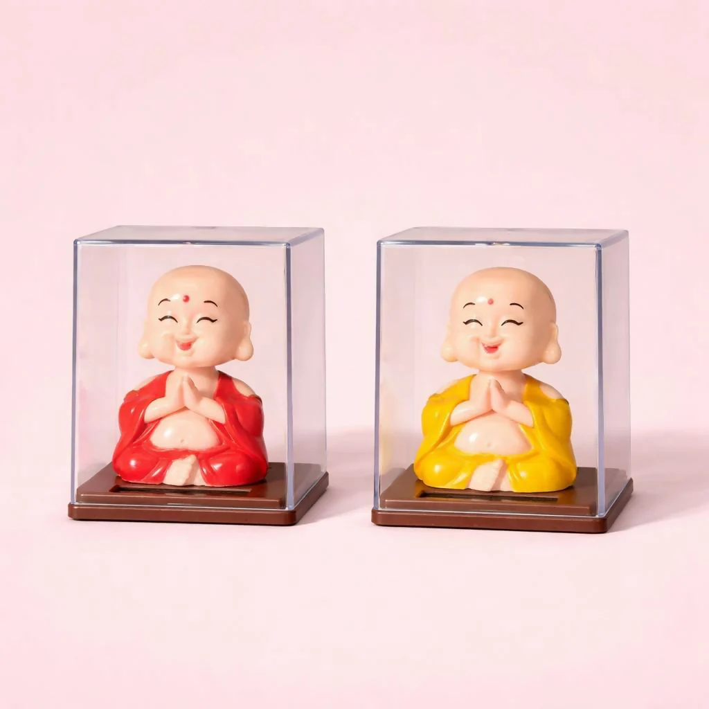 Solar Laughing Monk Bobble Head with Moving Head Display Case (Color may vary) - Image 3
