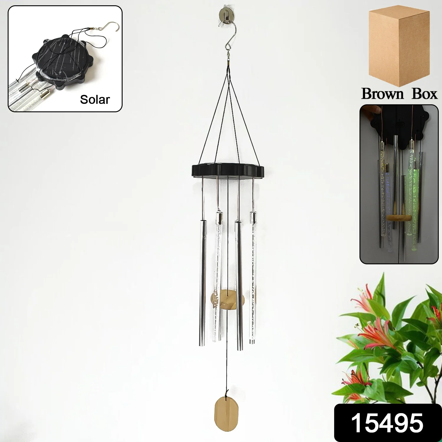 Solar LED Wind Chime with Tubes Soothing Sound & Colorful Glow (1 Set) - Image 2