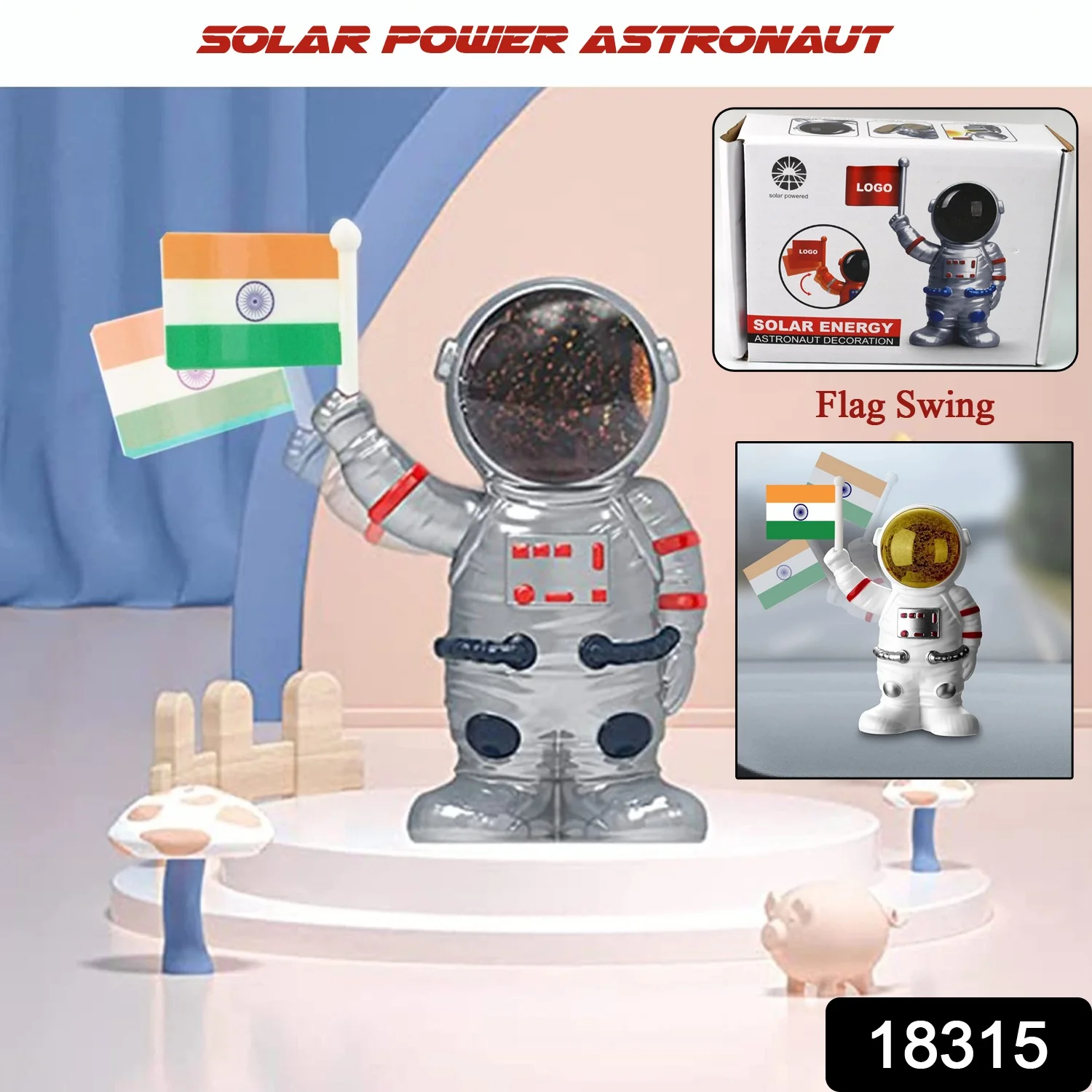 Solar Power Astronaut Ornament Moving Hand with Indian Flag (1 Pc) - Image 2