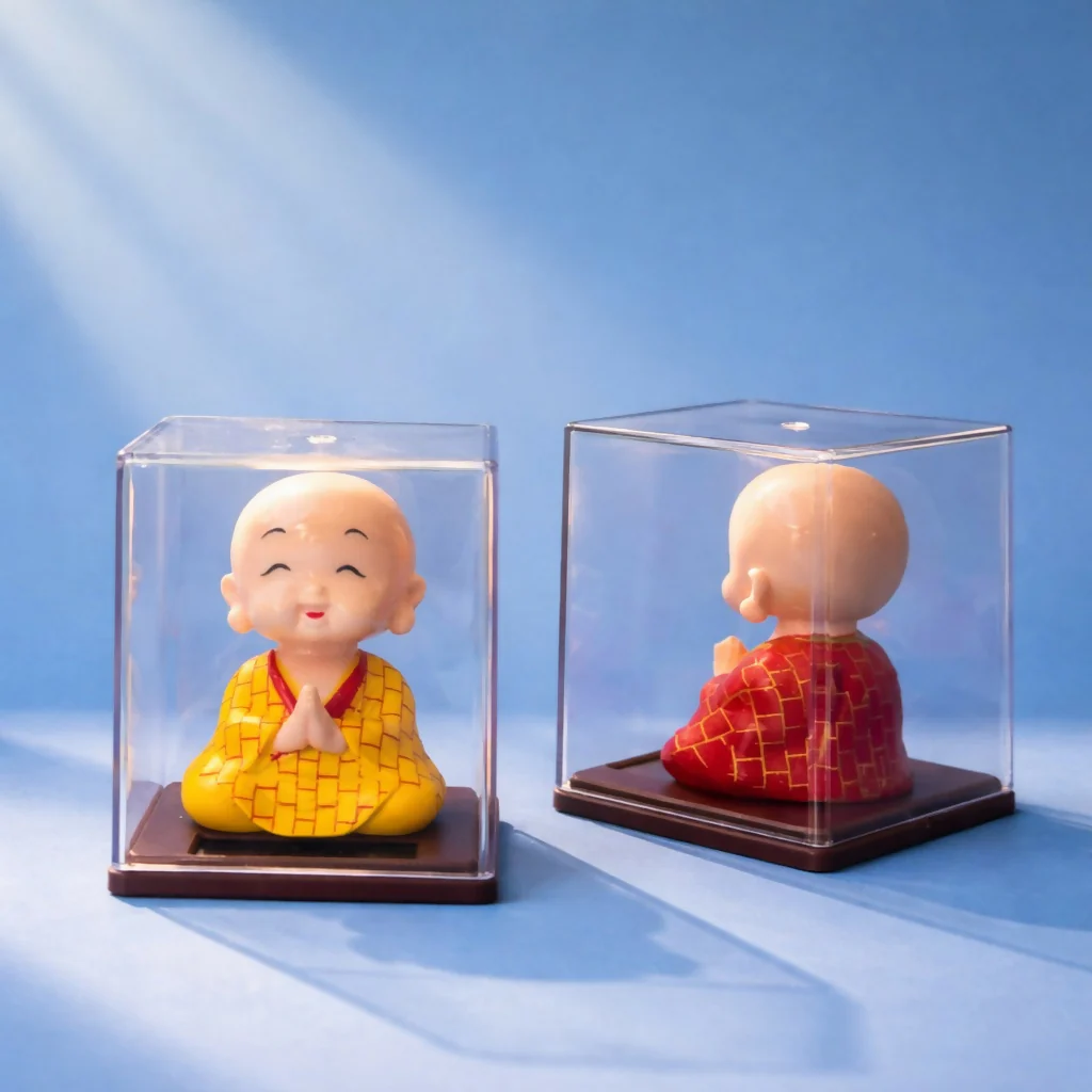 Solar Powered Monk Bobble Head with Moving Head Display Case (Color may vary) - Image 2