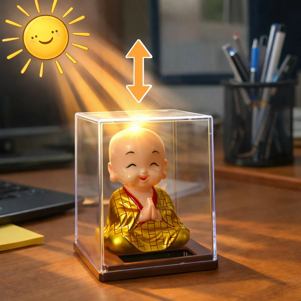 Solar Powered Monk Bobble Head with Moving Head Display Case (Color may vary) - Image 3