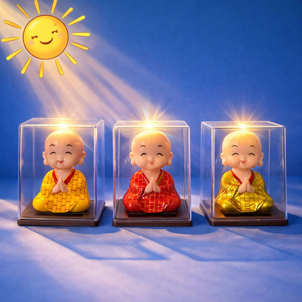 Solar Powered Monk Bobble Head with Moving Head Display Case (Color may vary) - Image 4