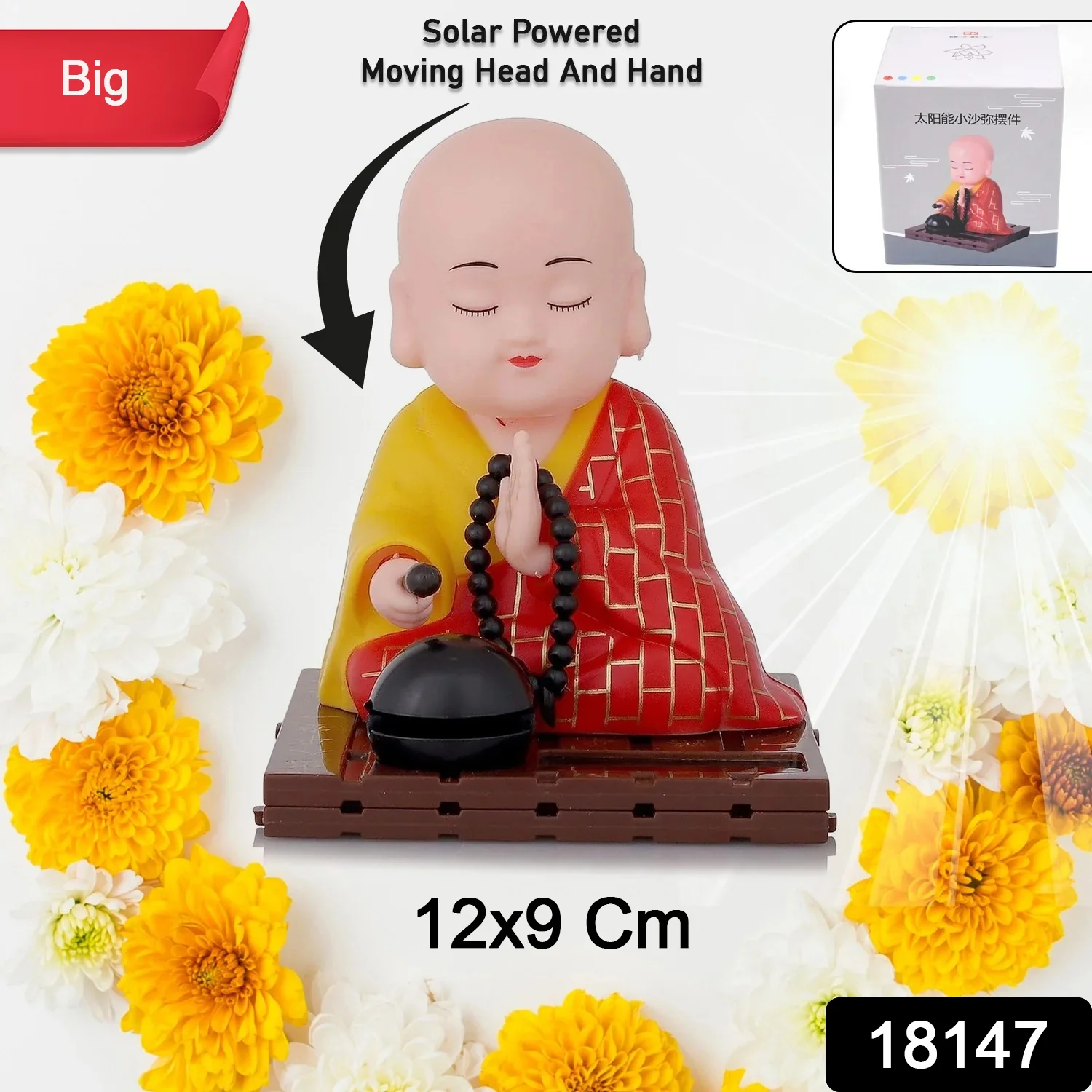 Solar Powered Sitting Buddha Statue,  Moving Head and Hand (1 Pc / Big) - Image 3