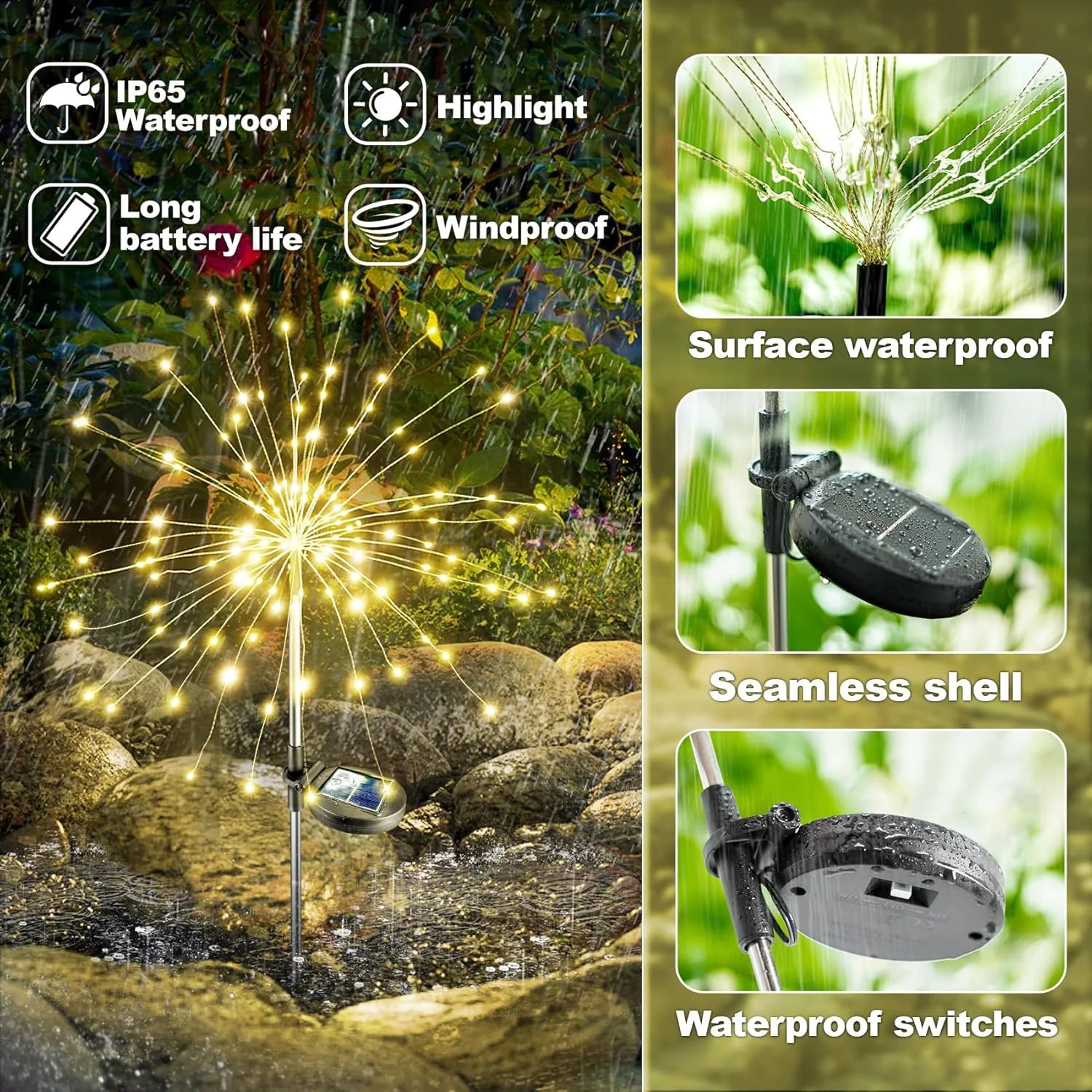 Solar Powered Warm White Starburst Firework Garden Light Set (2 Pc / 120 LED) - Image 4