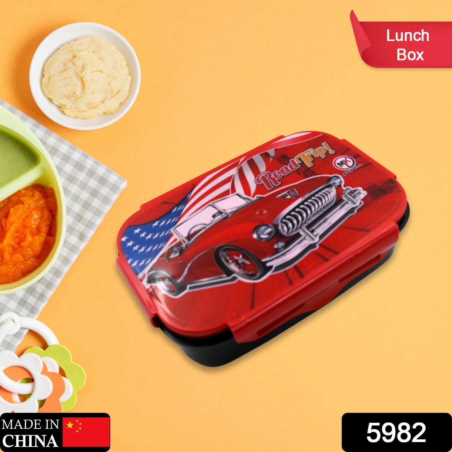 Beautiful Car Design Printed Plastic Lunch Box With Inside Small Box & Spoon for Kids, Air Tight Lunch Tiffin Box for Girls Boys, Food Container, Specially Designed for School Going Boys and Girls - Image 2