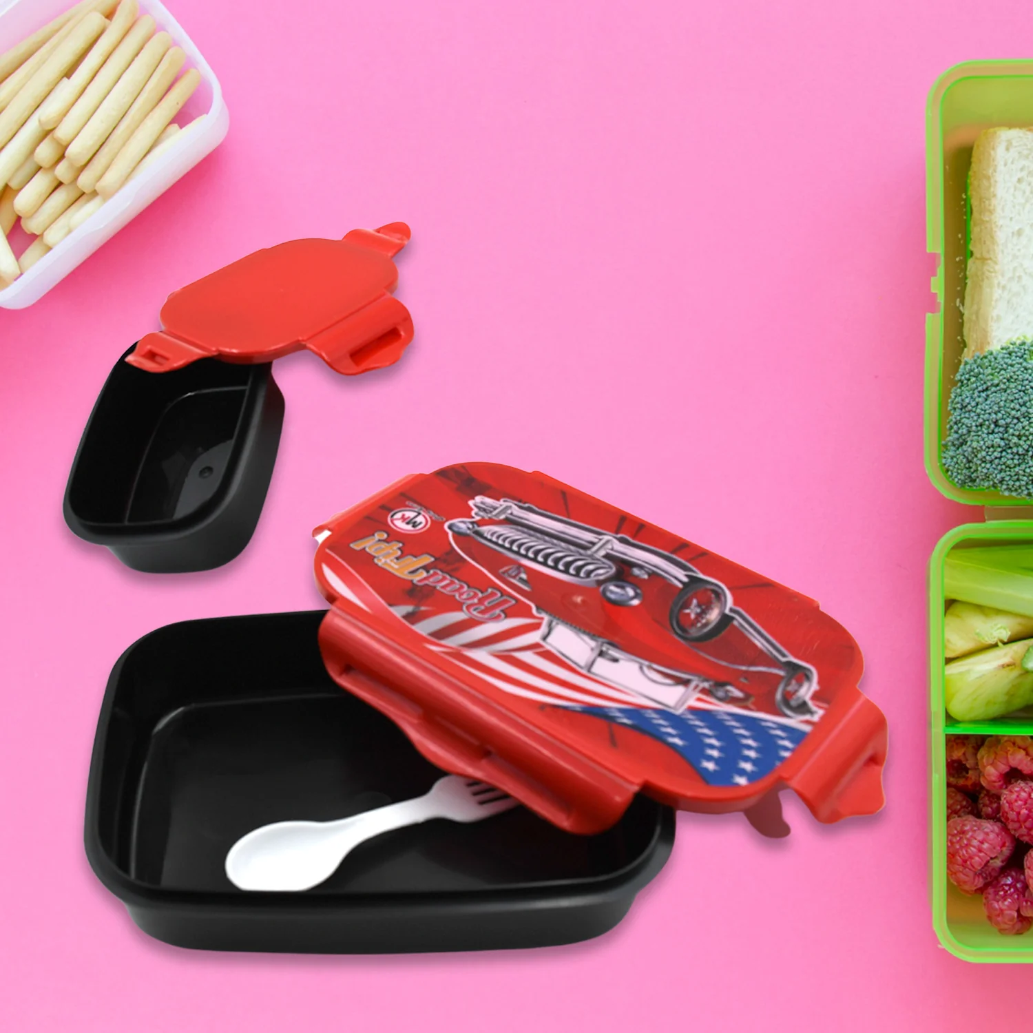 Beautiful Car Design Printed Plastic Lunch Box With Inside Small Box & Spoon for Kids, Air Tight Lunch Tiffin Box for Girls Boys, Food Container, Specially Designed for School Going Boys and Girls - Image 4