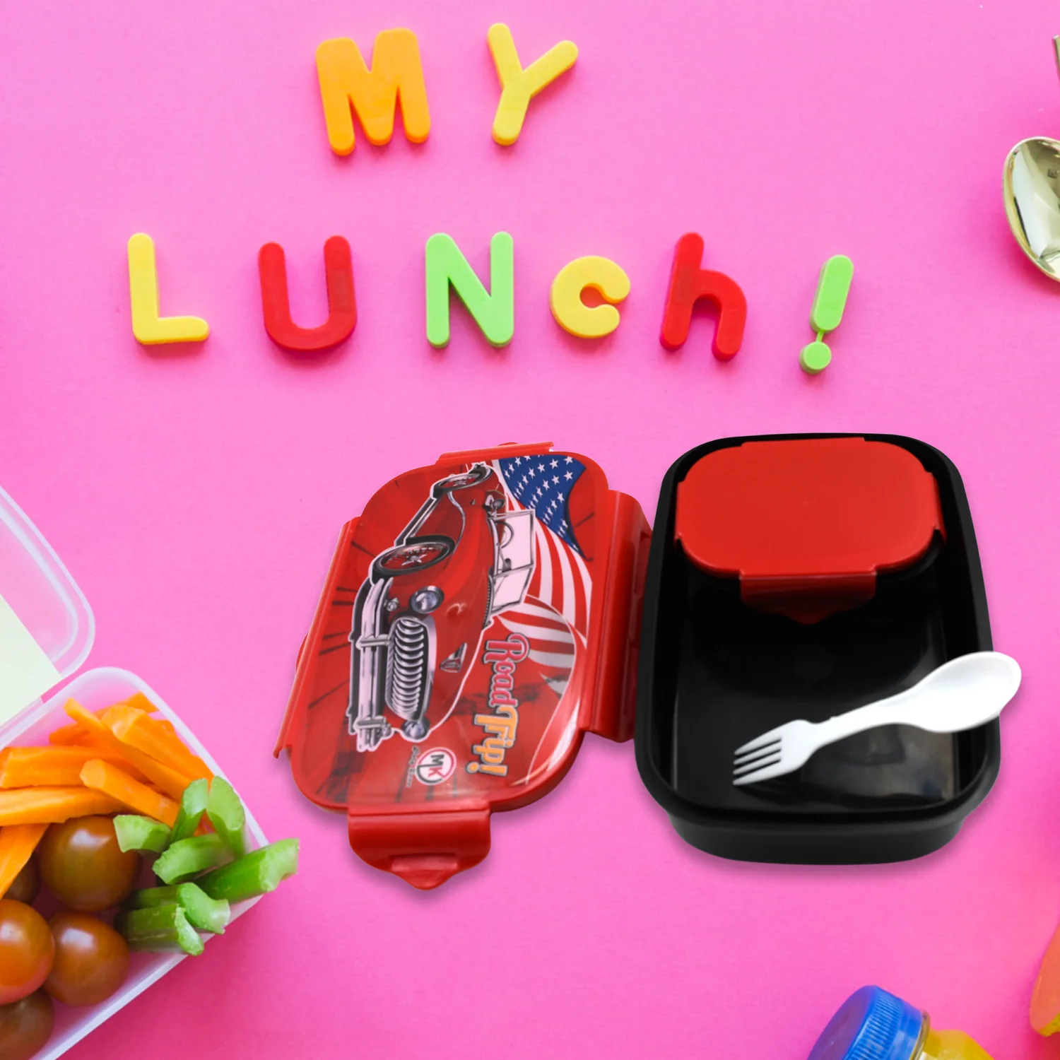 Beautiful Car Design Printed Plastic Lunch Box With Inside Small Box & Spoon for Kids, Air Tight Lunch Tiffin Box for Girls Boys, Food Container, Specially Designed for School Going Boys and Girls - Image 5