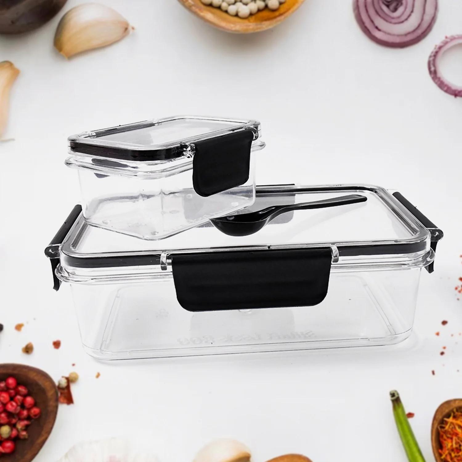 Plastic Kitchen Storage Container Big 800 ML & Small 250 ML Air Seal Lock Lid & Spoon - Image 3