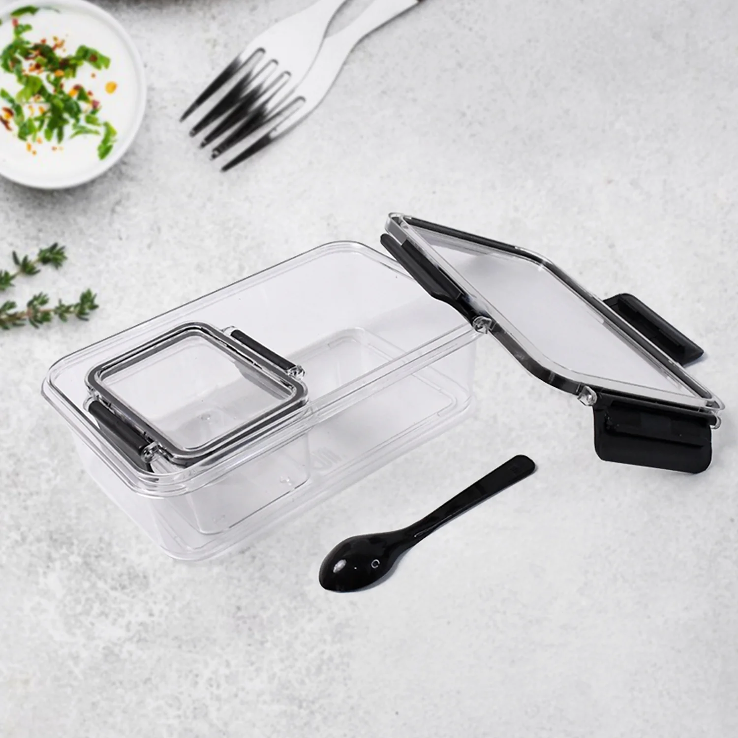 Plastic Kitchen Storage Container Big 800 ML & Small 250 ML Air Seal Lock Lid & Spoon - Image 4