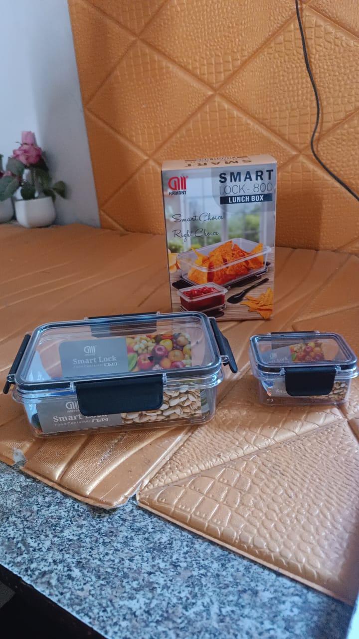 Plastic Kitchen Storage Container Big 800 ML & Small 250 ML Air Seal Lock Lid & Spoon - Image 8