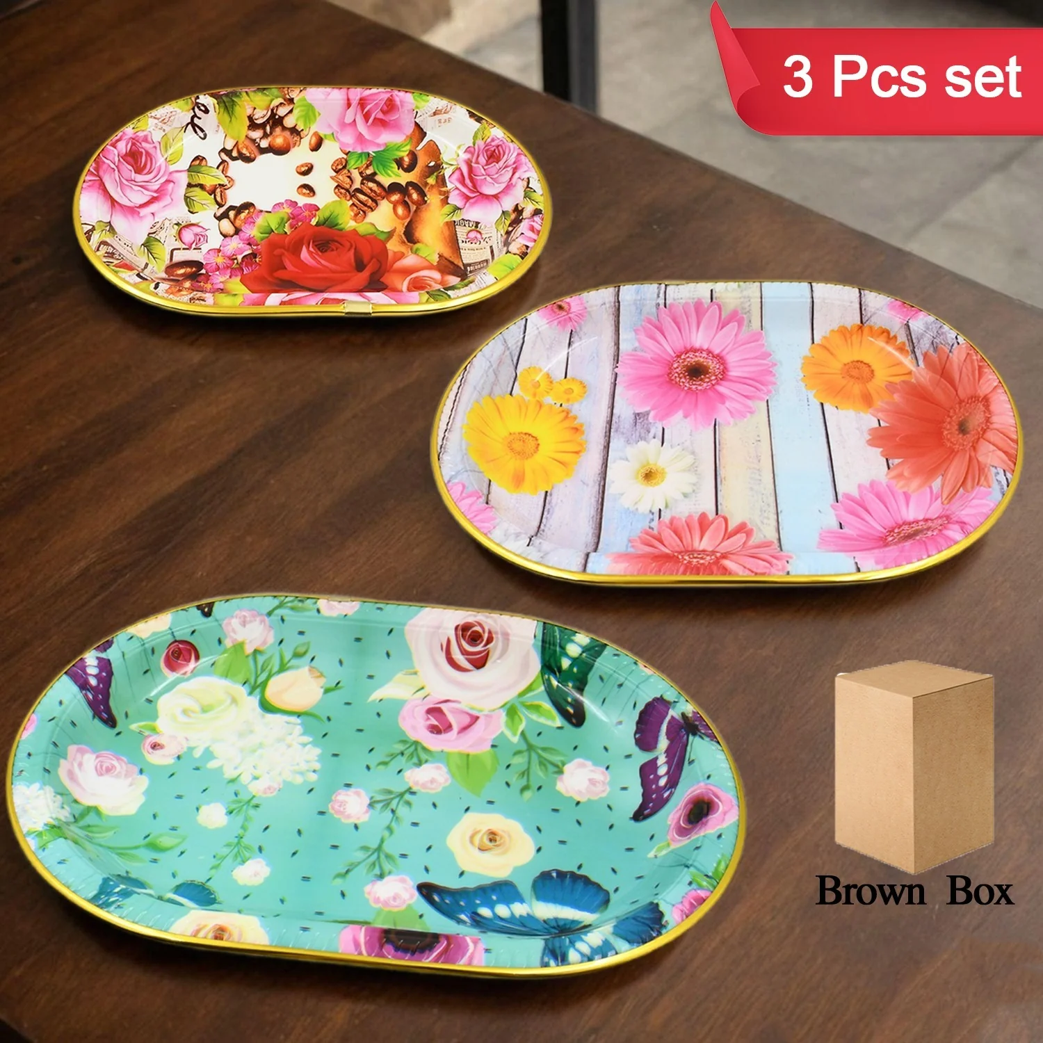 Plastic Flower Printed Design Serving Tray (3 Pcs Set / Mix Color) - Image 3