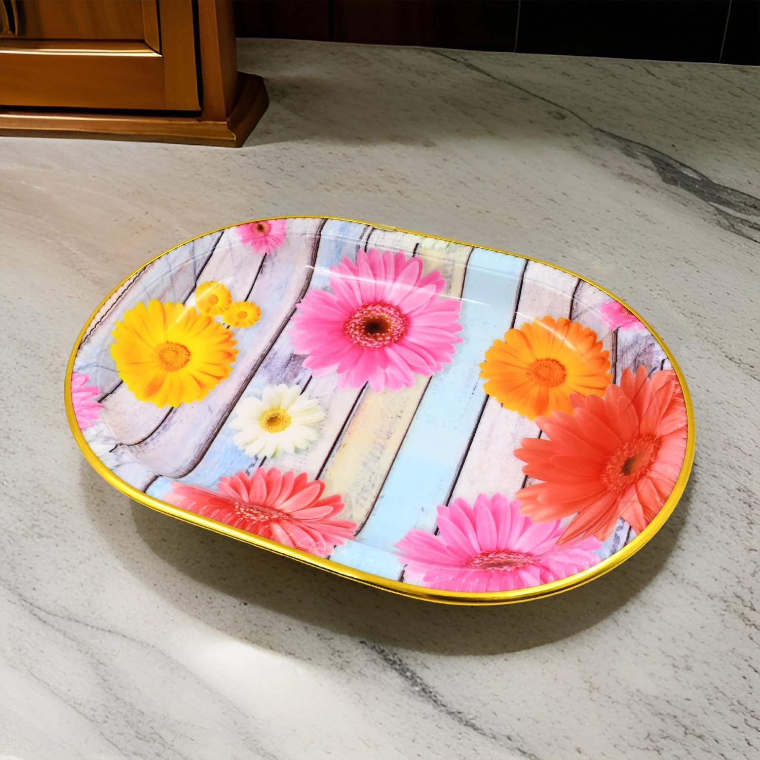Plastic Flower Printed Design Serving Tray (3 Pcs Set / Mix Color) - Image 4
