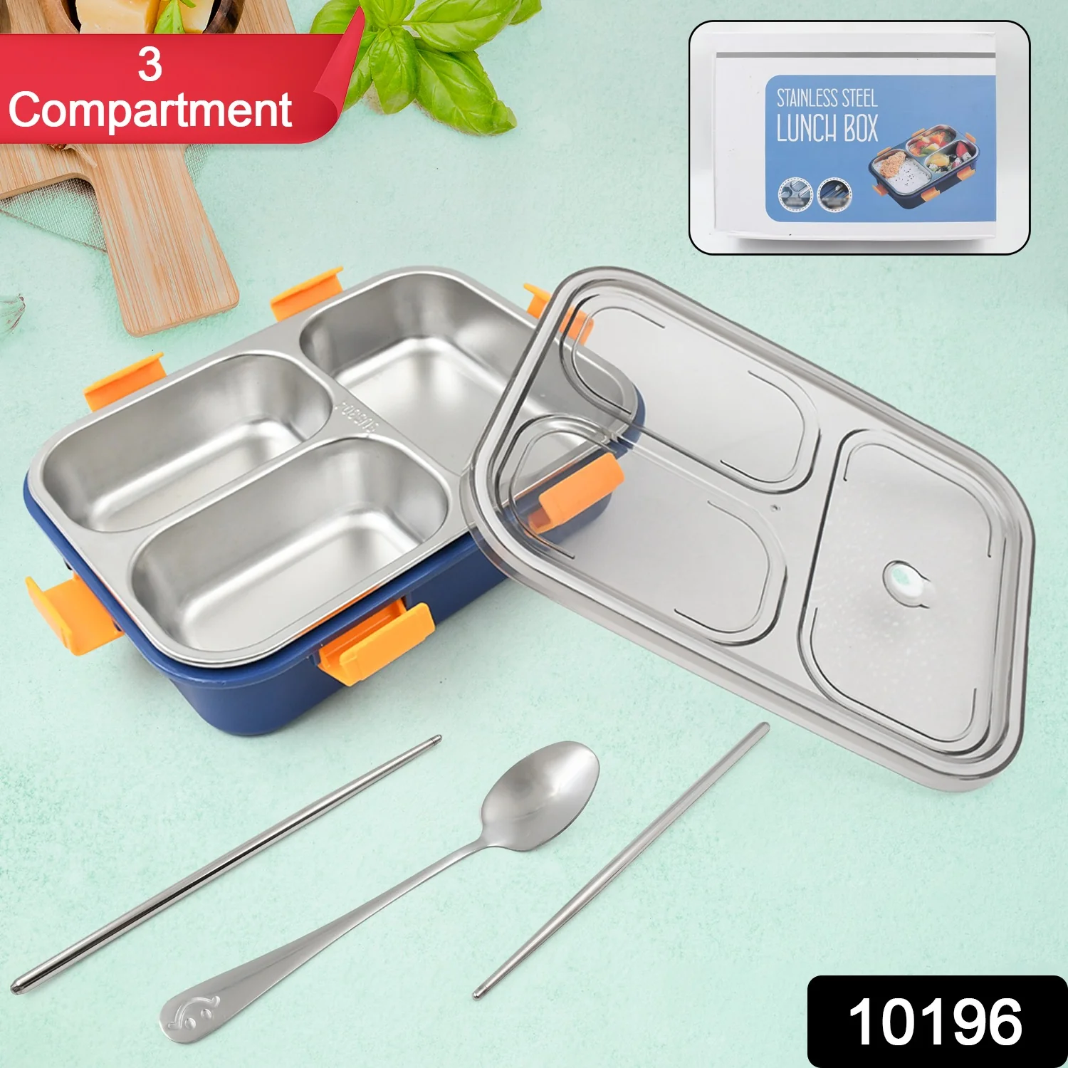 3 Compartment Transparent Stainless Steel Lunch Box with Spoon & Chopsticks (1 Set) - Image 2
