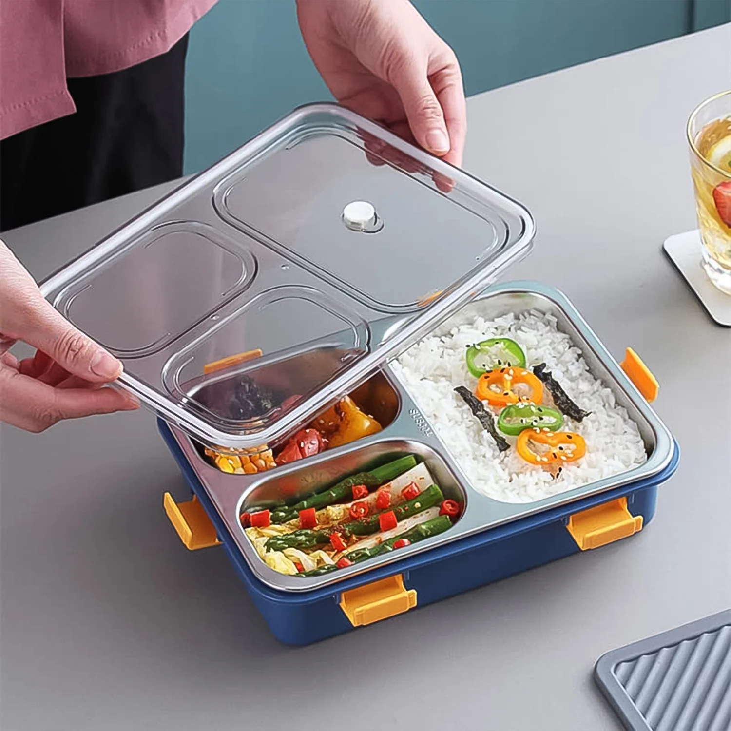 3 Compartment Transparent Stainless Steel Lunch Box with Spoon & Chopsticks (1 Set) - Image 3