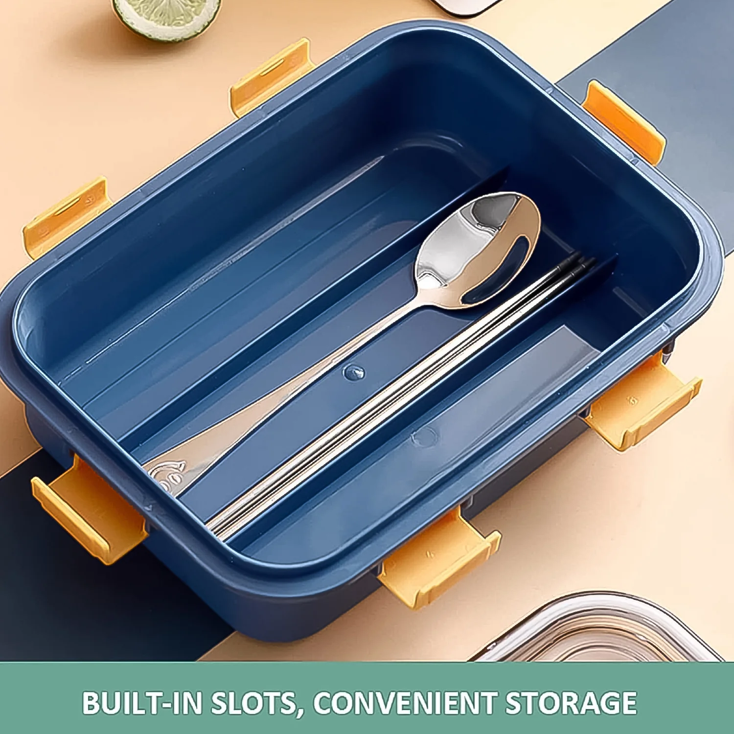 3 Compartment Transparent Stainless Steel Lunch Box with Spoon & Chopsticks (1 Set) - Image 4