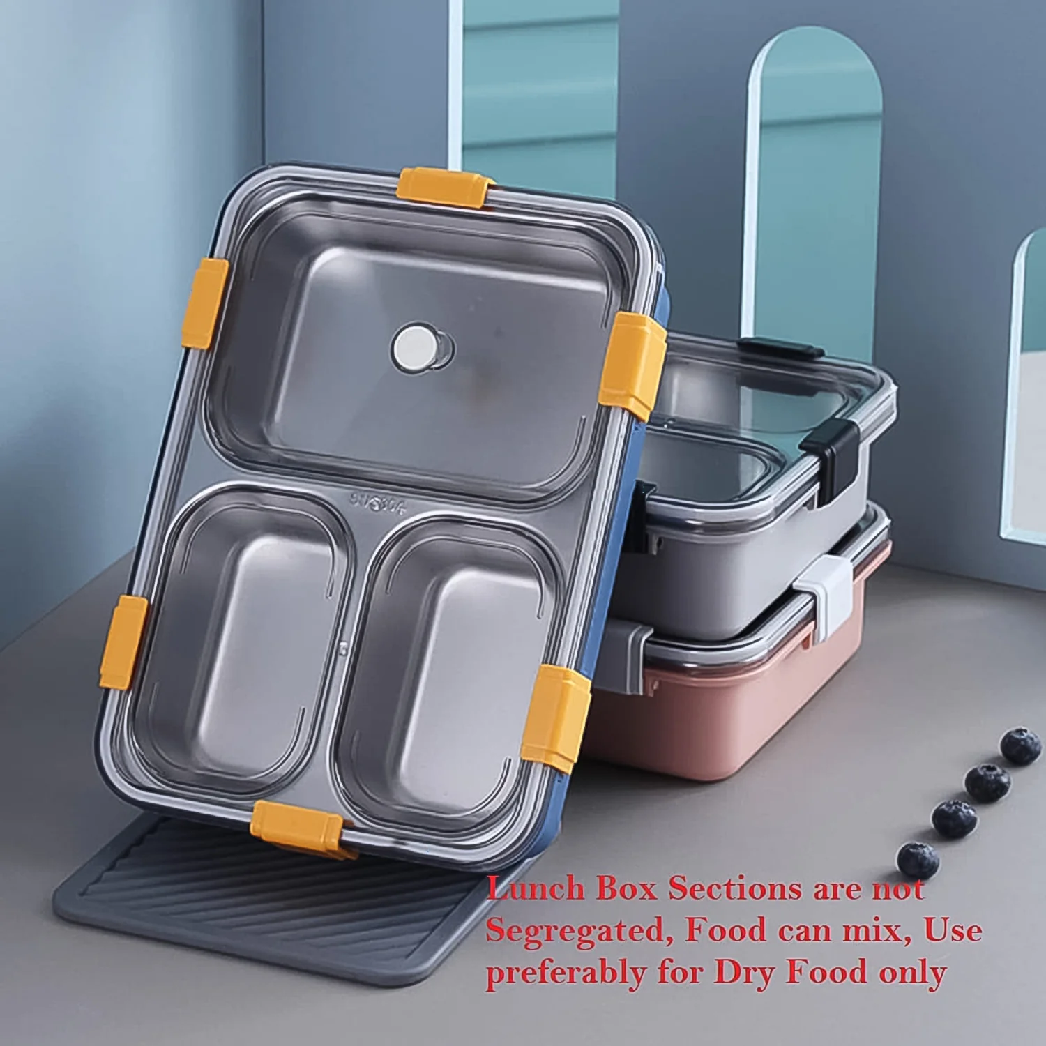 3 Compartment Transparent Stainless Steel Lunch Box with Spoon & Chopsticks (1 Set) - Image 5