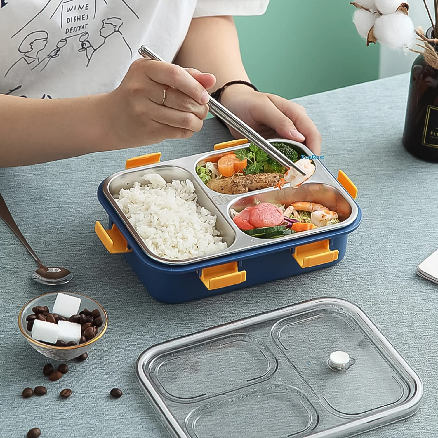 3 Compartment Transparent Stainless Steel Lunch Box with Spoon & Chopsticks (1 Set) - Image 6