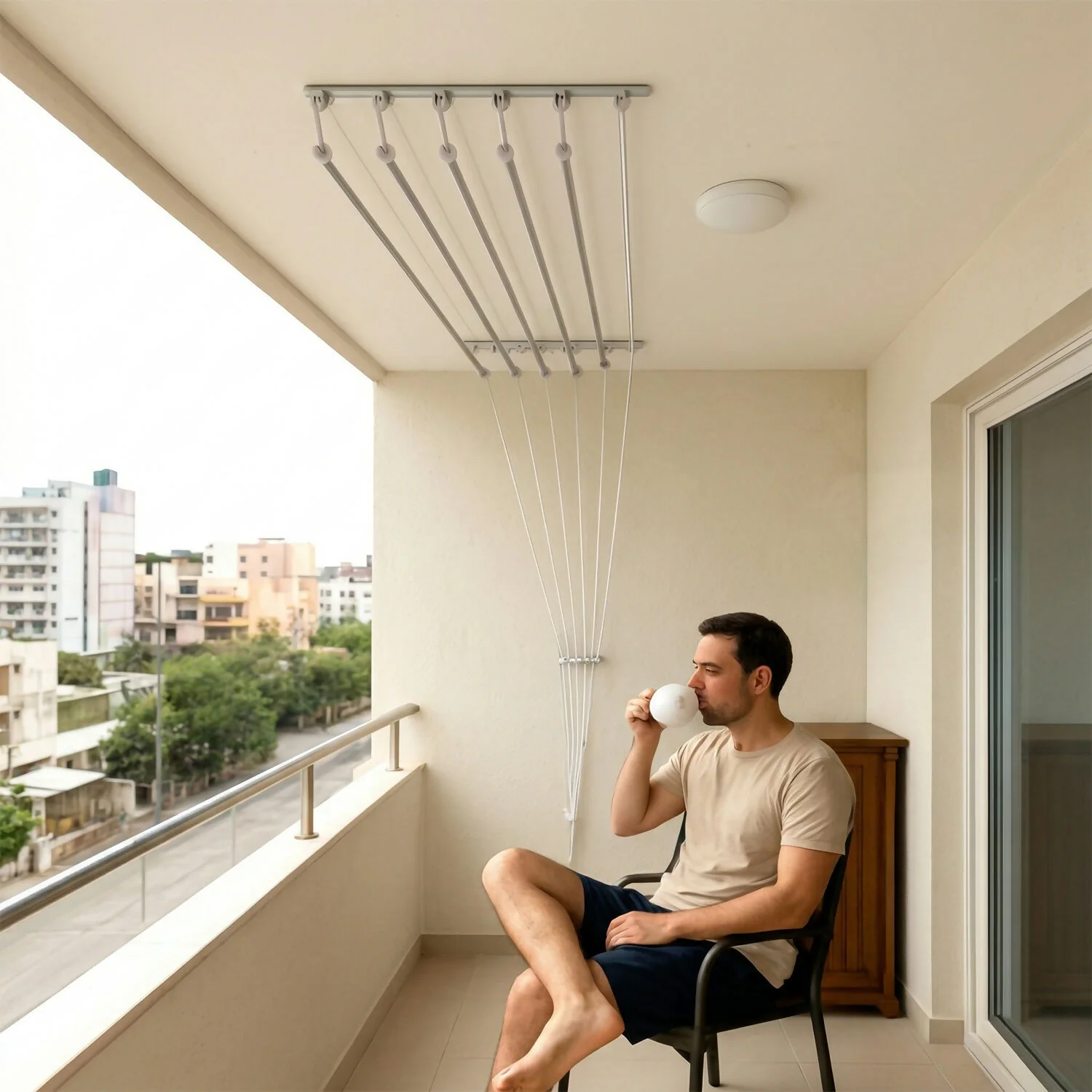 Space Saving Ceiling Mounted Cloth Drying Hanger with Pull Down Rope System for Balcony, Utility Area - Image 2