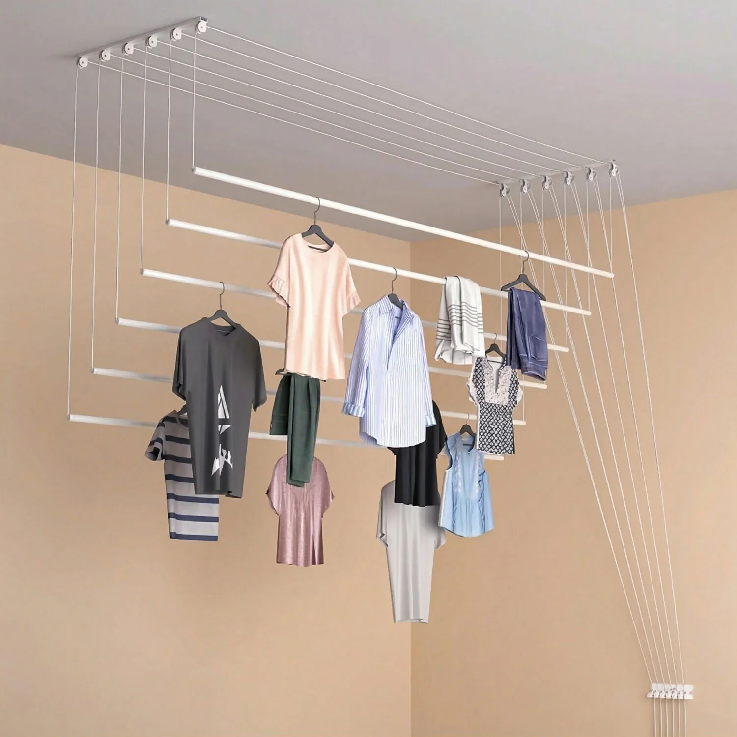 Space Saving Ceiling Mounted Cloth Drying Hanger with Pull Down Rope System for Balcony, Utility Area - Image 3