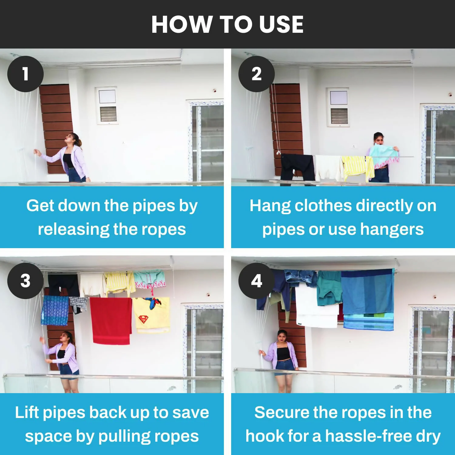 Space Saving Ceiling Mounted Cloth Drying Hanger with Pull Down Rope System for Balcony, Utility Area - Image 5
