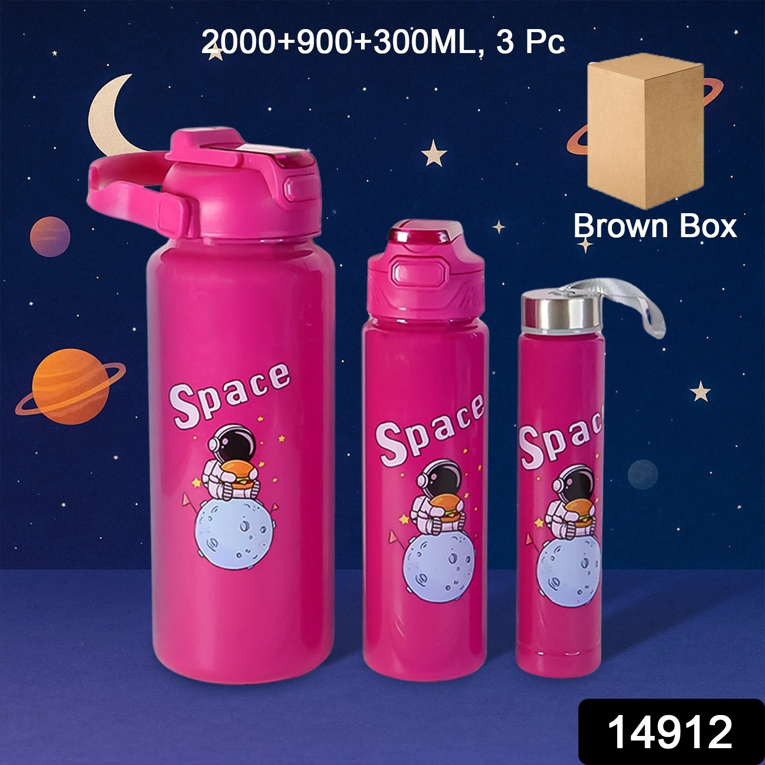 Space Theme Printed Water Bottles – 2000ML, 900ML & 300ML Approx- (Set) - Image 2