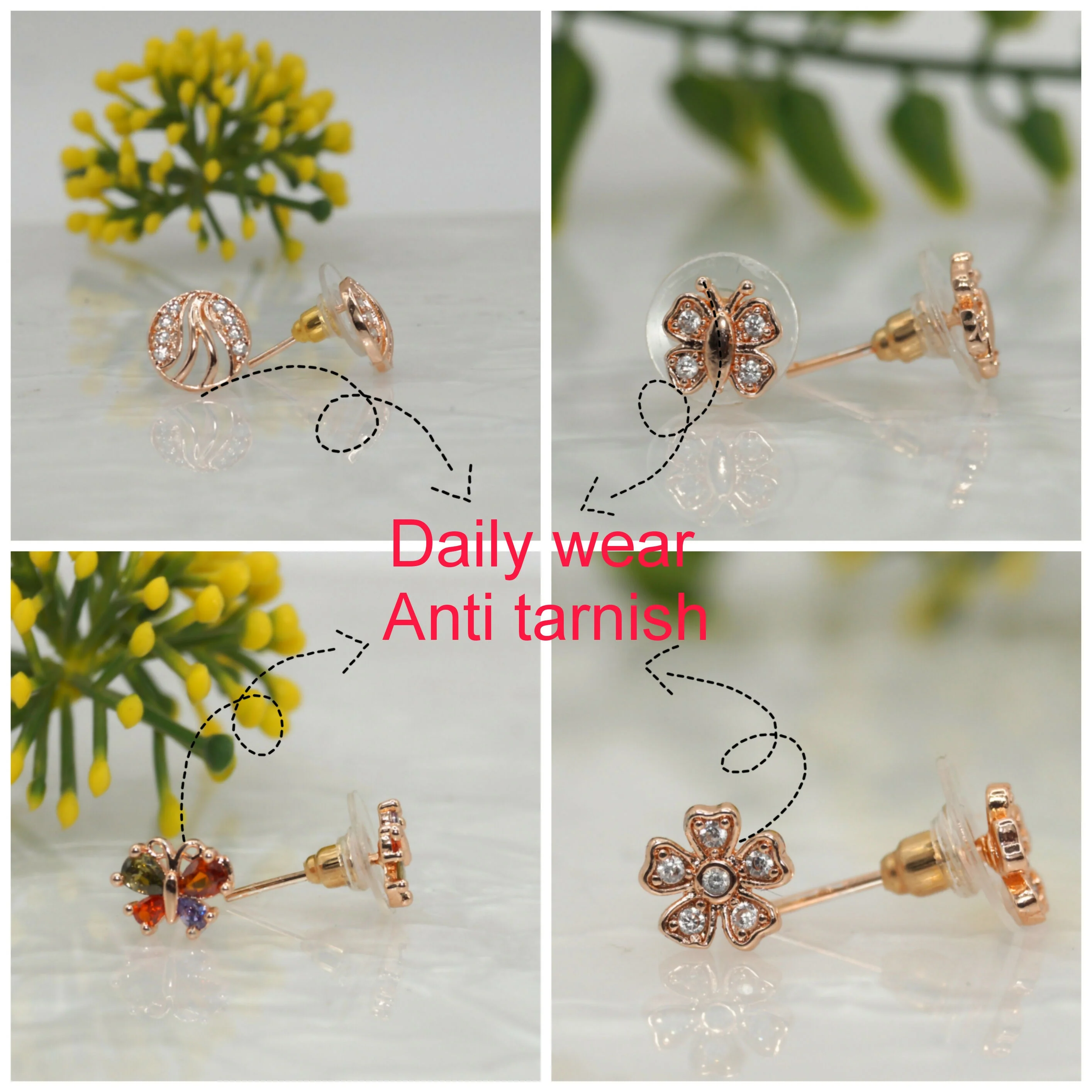 Sparkling Rose Gold Stud Earrings Set - Butterfly & Flower Designs for women and girls Combo Pack of 4 - Image 2